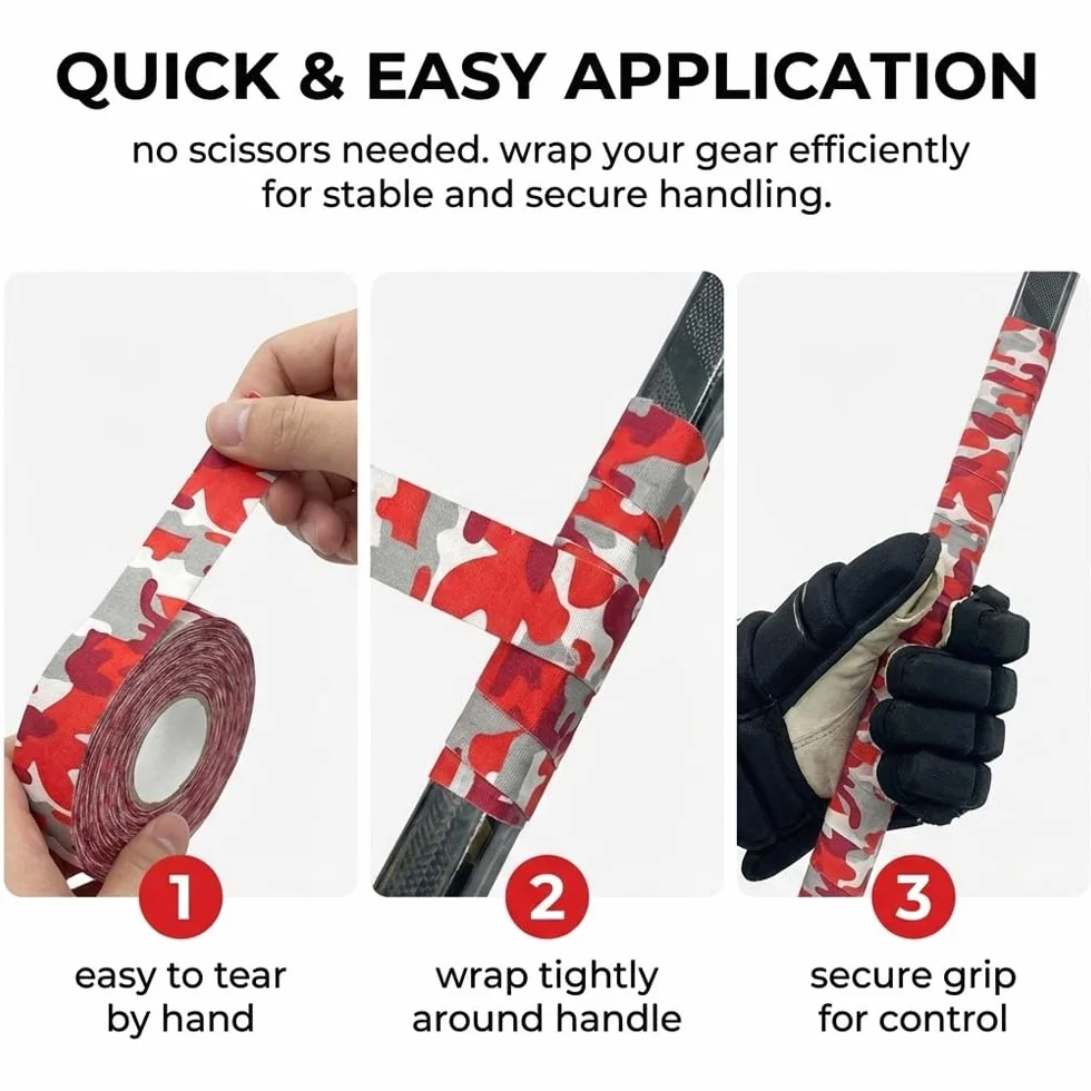 Ruban Adhésif Hockey 25m x 2,5cm Camouflage Rouge - Tape Coton Résistant au Froid Antidérapant