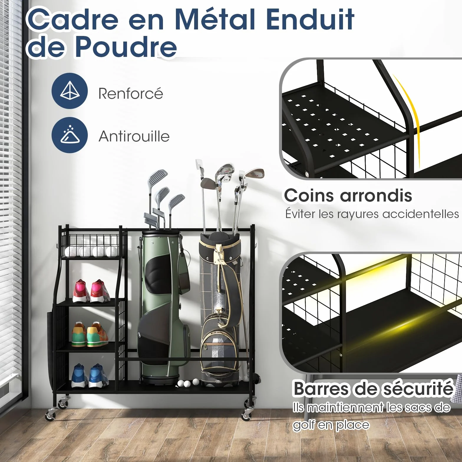 GOPLUS Organisateur de Rangement pour Club de Golf, Étagère avec Roues Verrouillables pour 2 Sacs et 8 Clubs