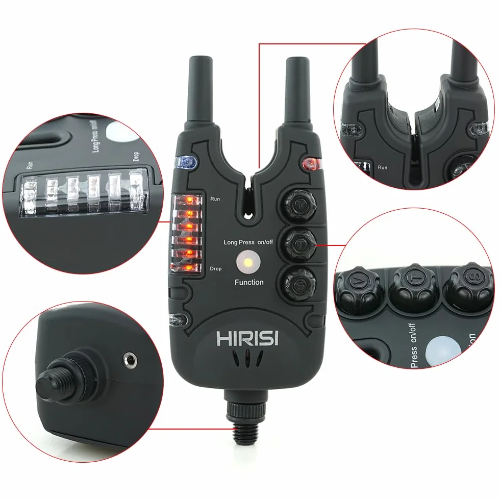 Hirisi Tackle Alarme de touche étanche pour pêche à la carpe avec 9 LED et réglage de la tonalité du volume et de la sensibilité, accessoires de pêche