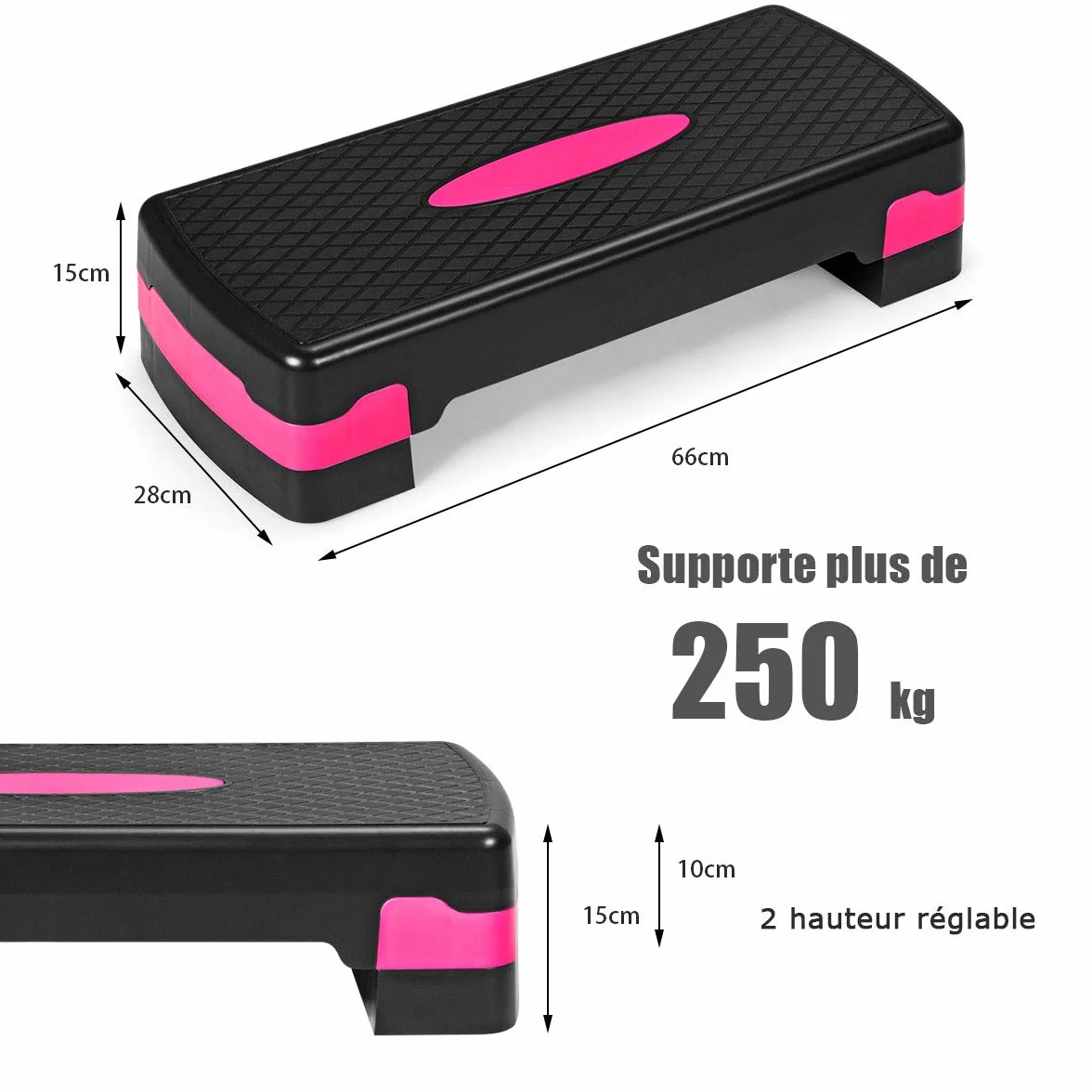COSTWAY Aérobic Step Fitness Réglable 2 Niveaux 10/15CM Antidérapant 250KG