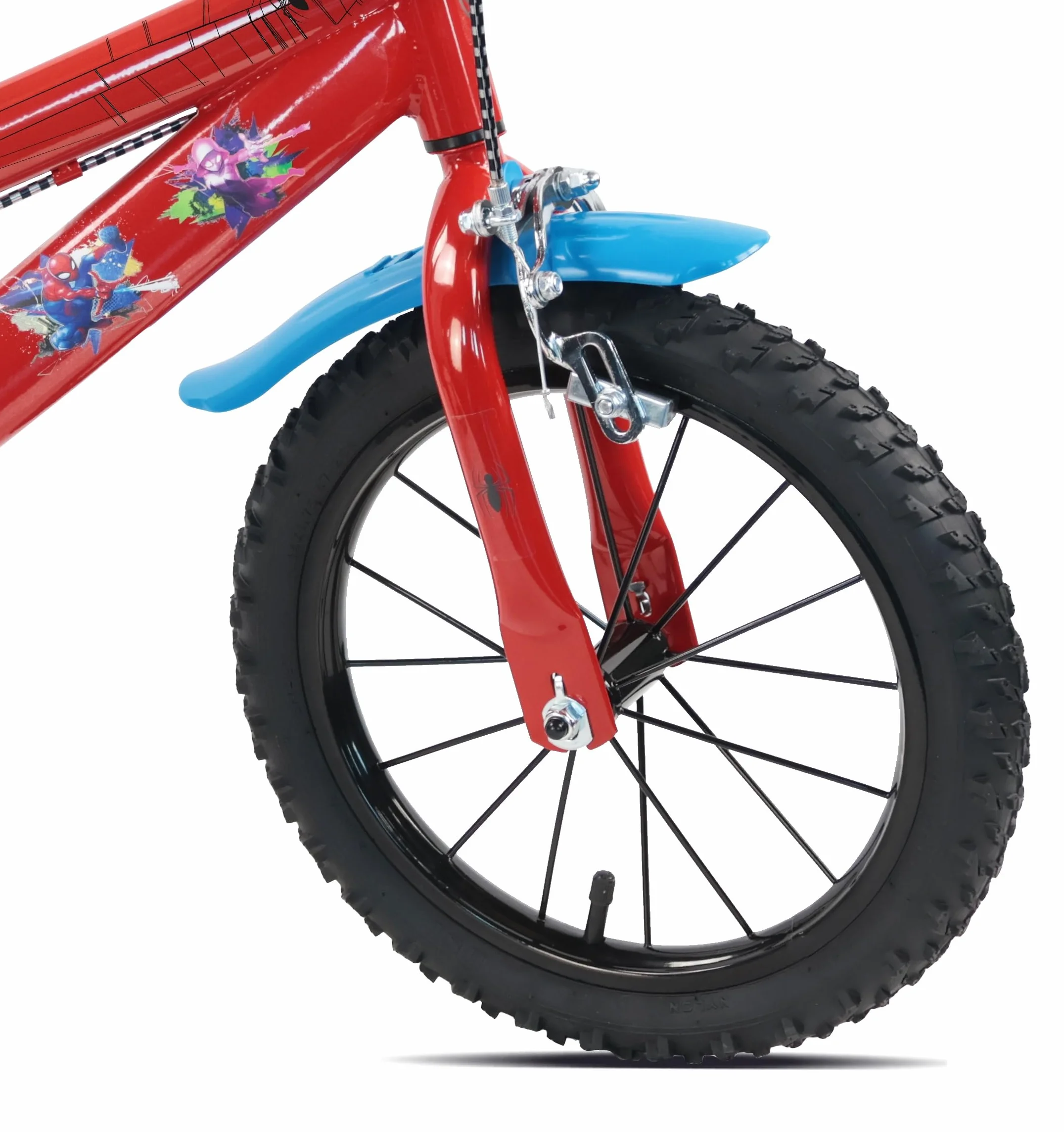 Vélo 14 Pouces Spiderman avec Freins, Roues à Rayons, Pneus Gonflables, Stabilisateurs et LEDs