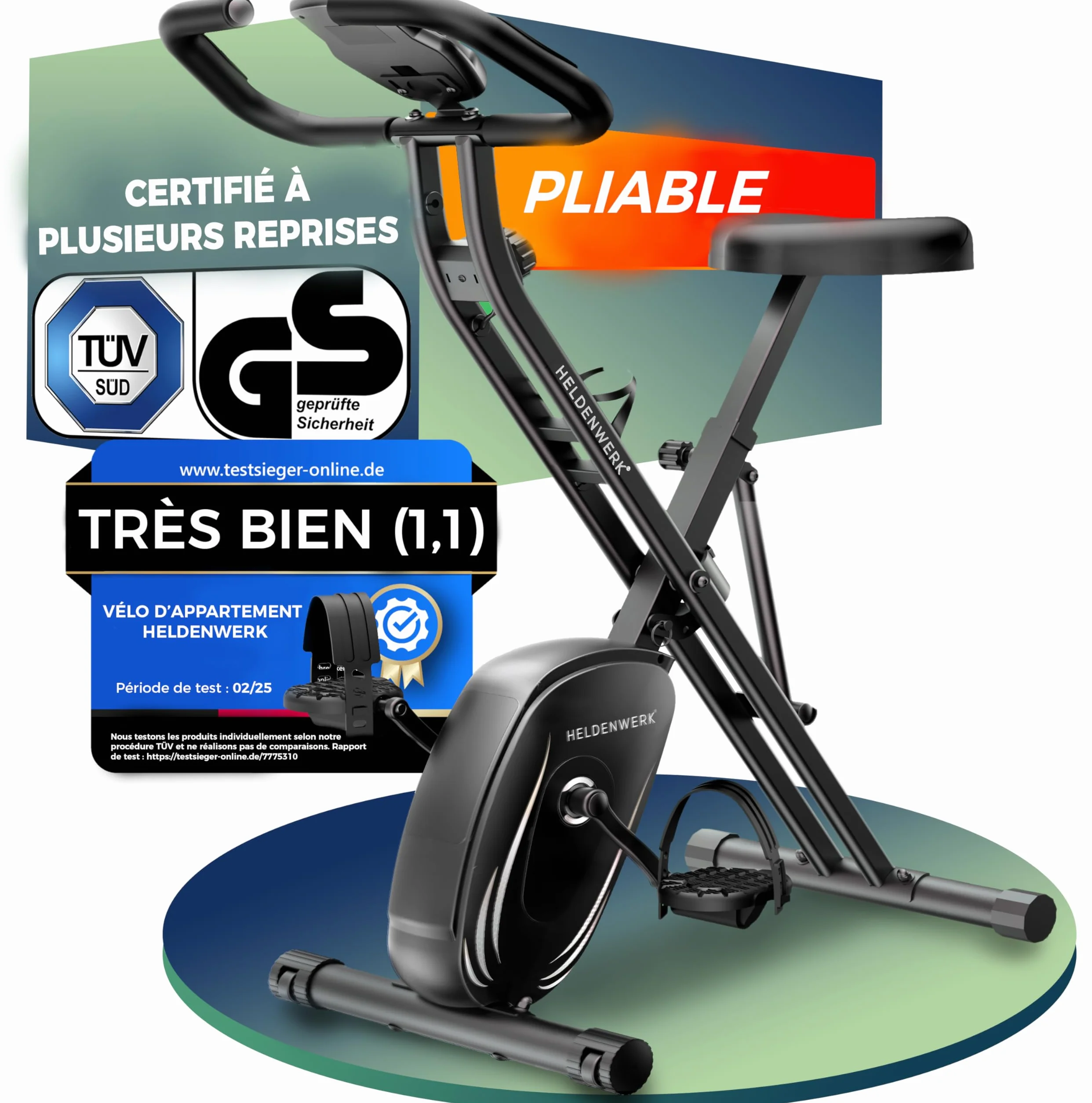 Vélo d'appartement pliable TÜV GS 150 kg silencieux confortable FlexiFoam