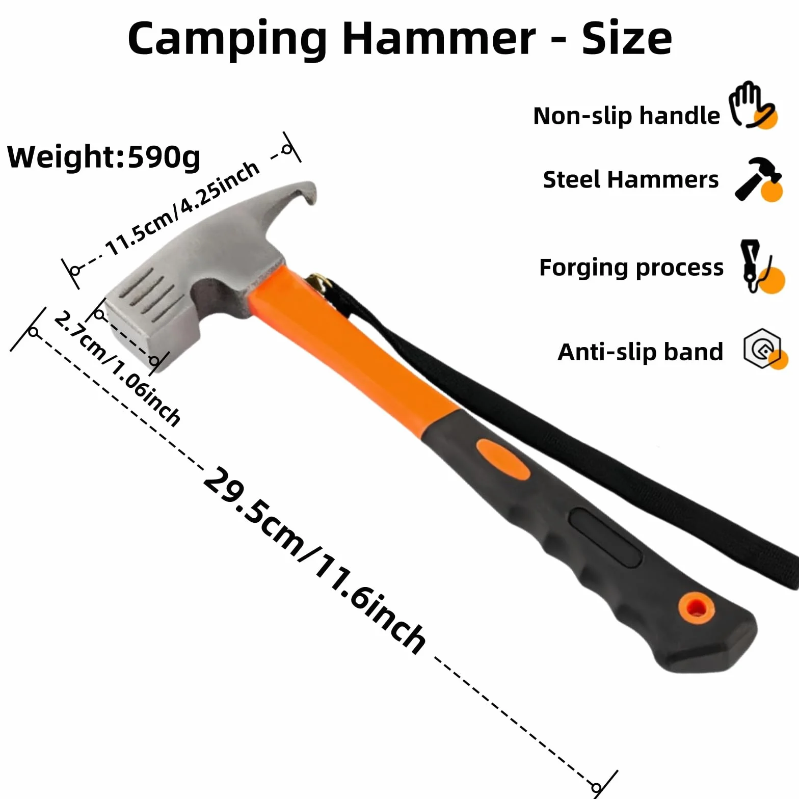 Marteau de camping extracteur de piquets de tente en acier haute teneur en carbone 30,5 cm orange