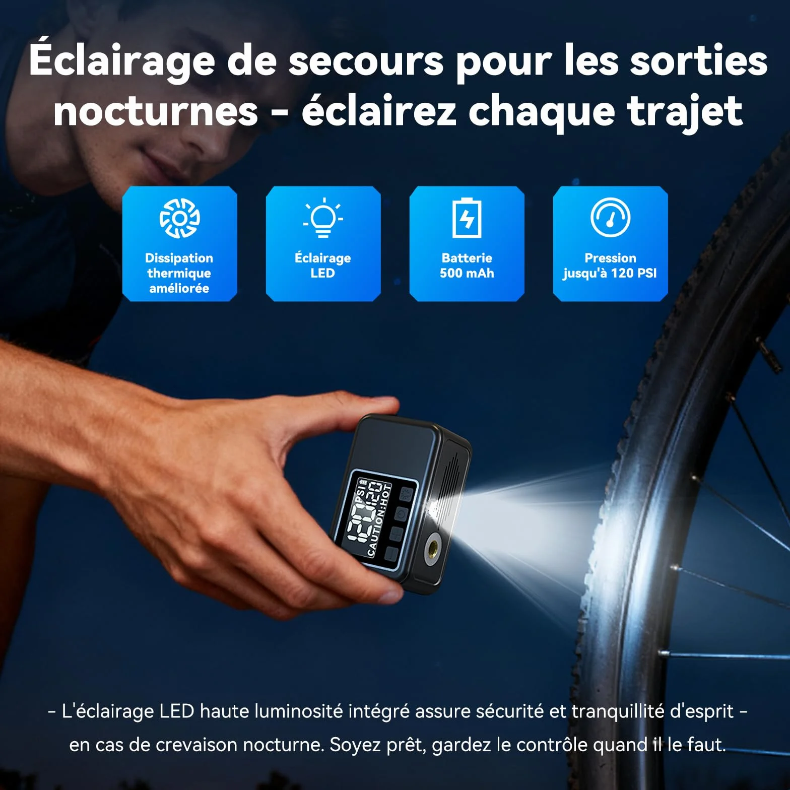 Pompe à Vélo Électrique avec Manomètre 120 Psi, Arrêt Automatique, Valves Presta et Schrader pour VTT et Vélos de Course