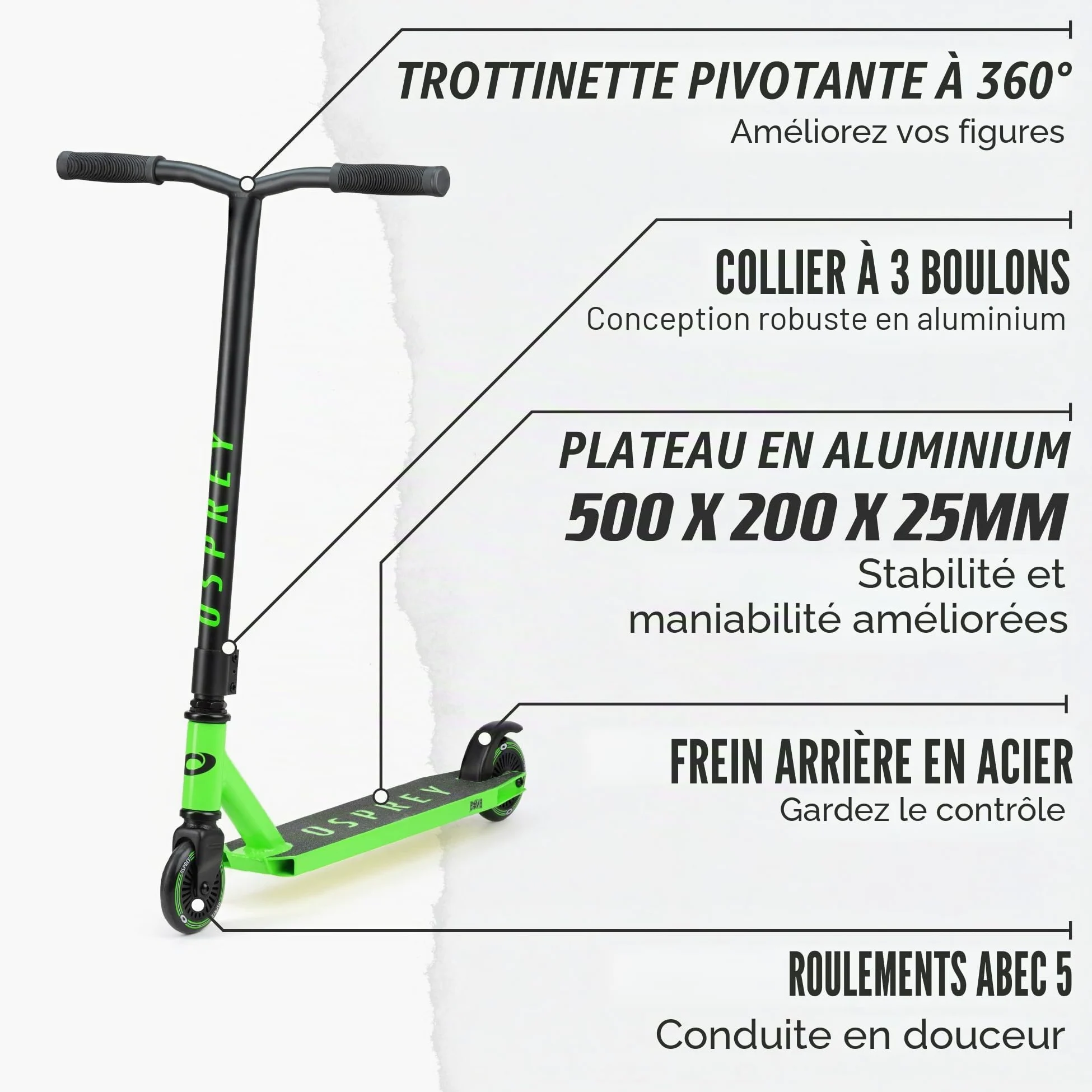 Osprey Trottinette Freestyle | pour garçons, Filles, Enfants et Adultes, Kick T-Bar Street Pro 360 avec roulements ABEC 5 et Guidon Ergonomique, Plusieurs Couleurs