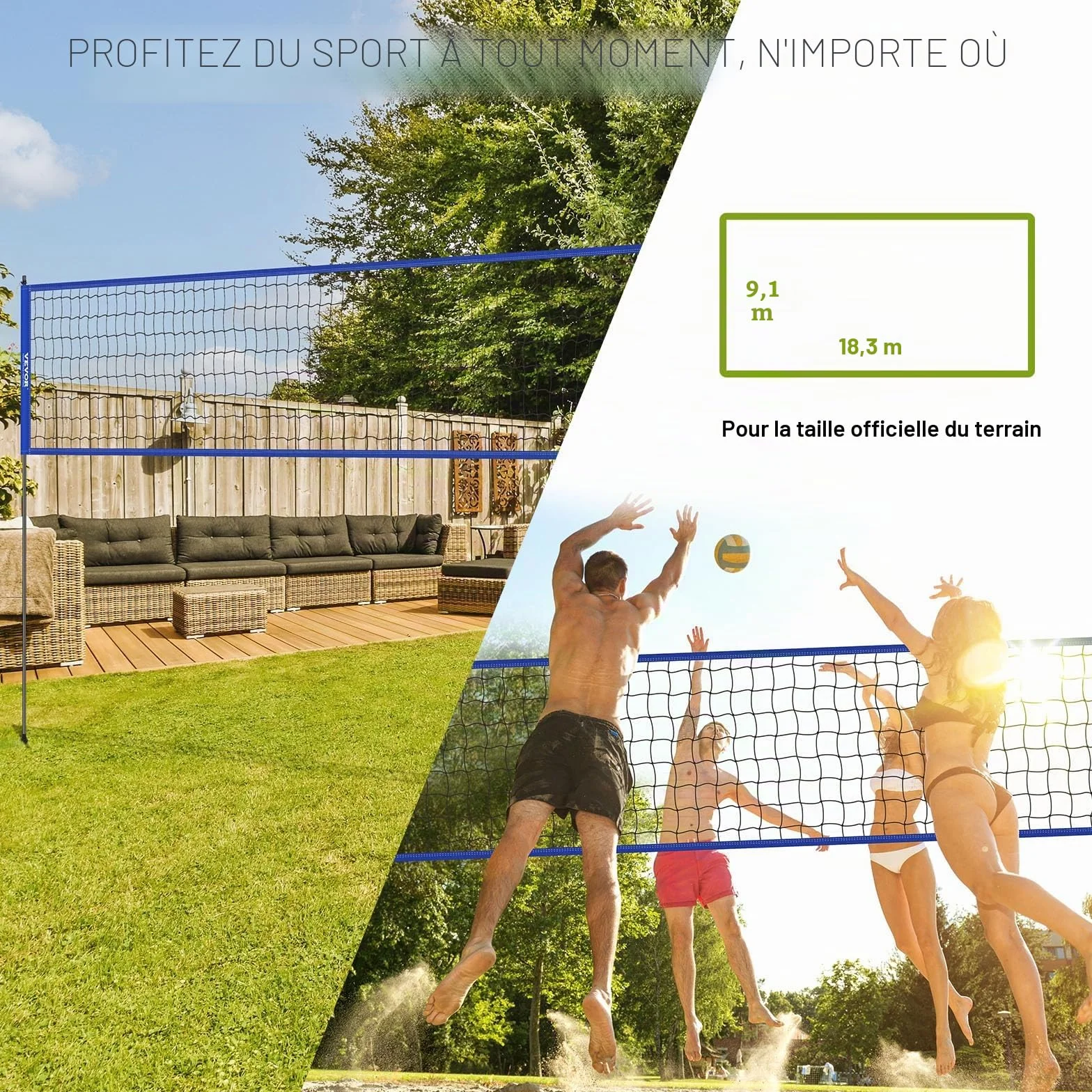VEVOR Filet de Volley-Ball Portable d'Extérieur, Poteaux en Acier Réglable, Ensemble avec Ballon PVC, Pompe et Sac