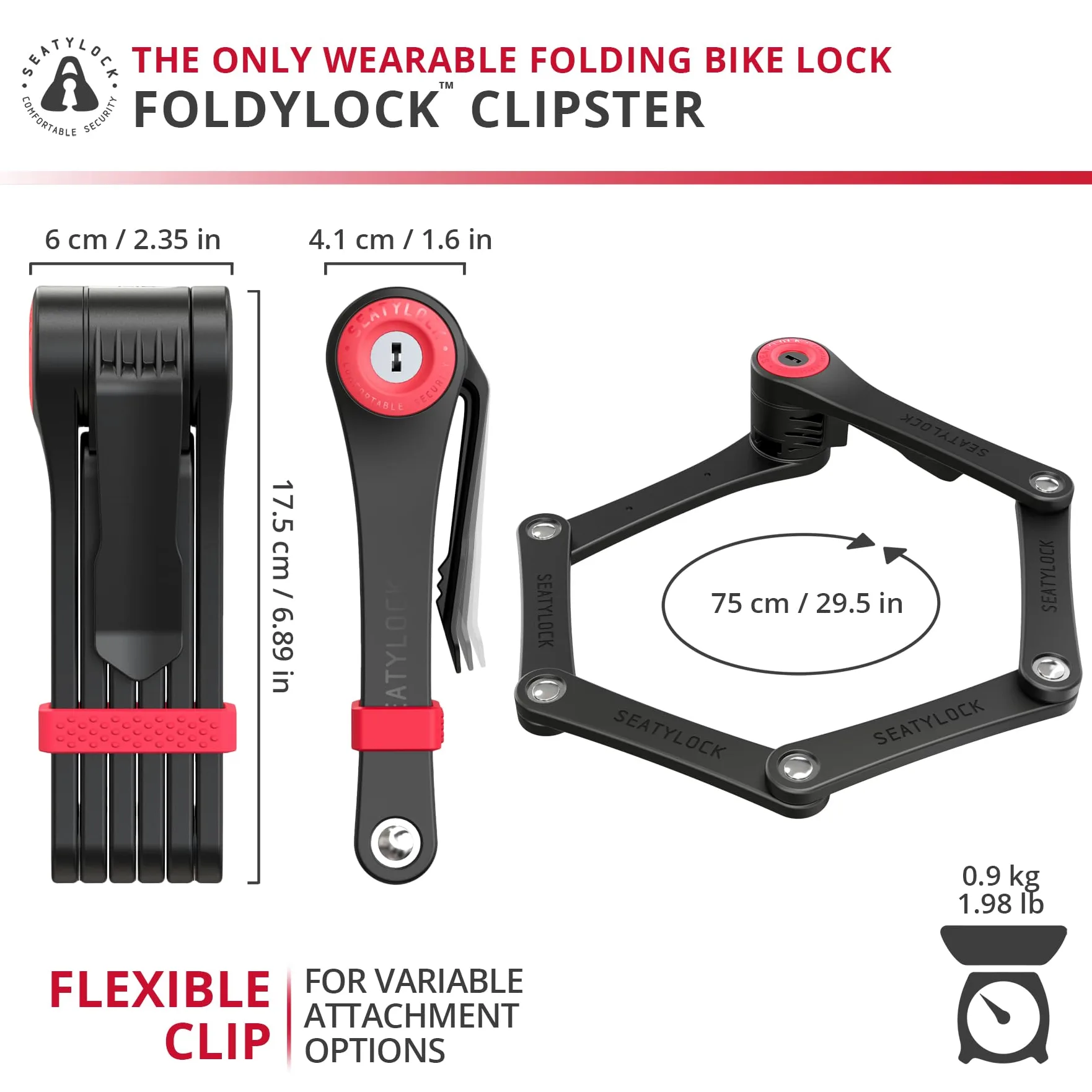 FoldyLock Clipster Antivol pliable pour vélo Sécurité 14/18 Argent | Antivol de vélo léger, portable, compact, ultra élégant, accessoire de protection intelligent, 75 cm