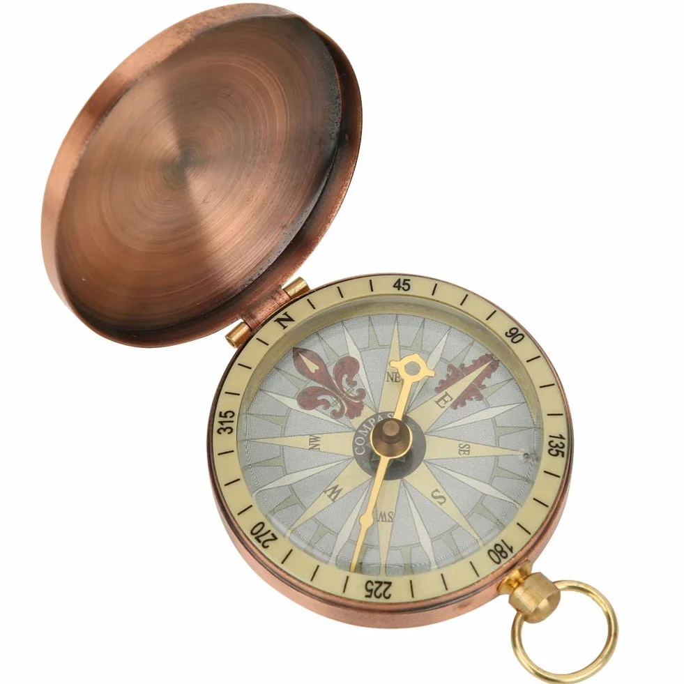 Boussole Portable Vintage en Métal avec Couvercle Pliant Cuivre pour Camping Randonnée