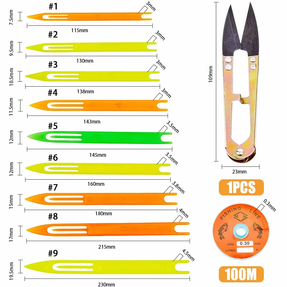 SUPERFINDINGS Kits de Réparation D'Aiguilles pour Filets de Pêche Comprenant 9 Tailles Aiguille à Filet en Plastique, 1 navettes en Acier Tranchant 1 Rouleaux de Fil de Pêche Transparent Fil de Nylon