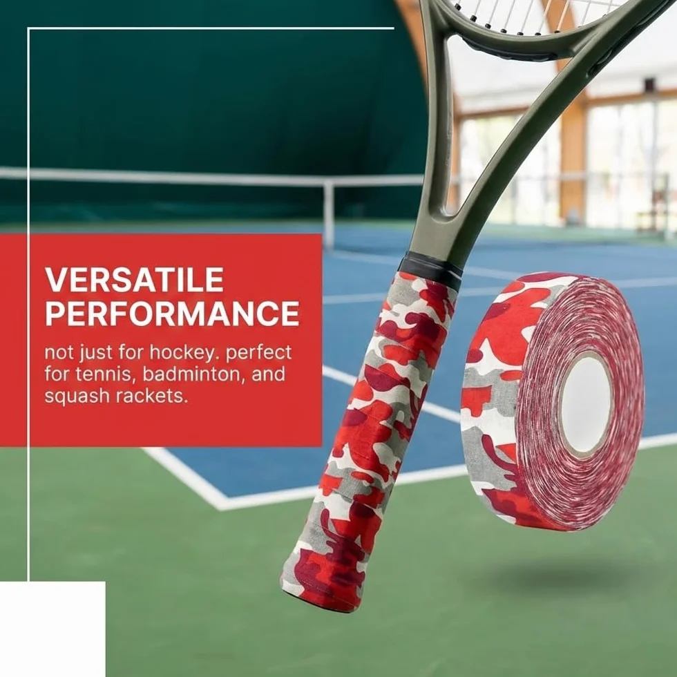 Ruban Adhésif Hockey 25m x 2,5cm Camouflage Rouge - Tape Coton Résistant au Froid Antidérapant
