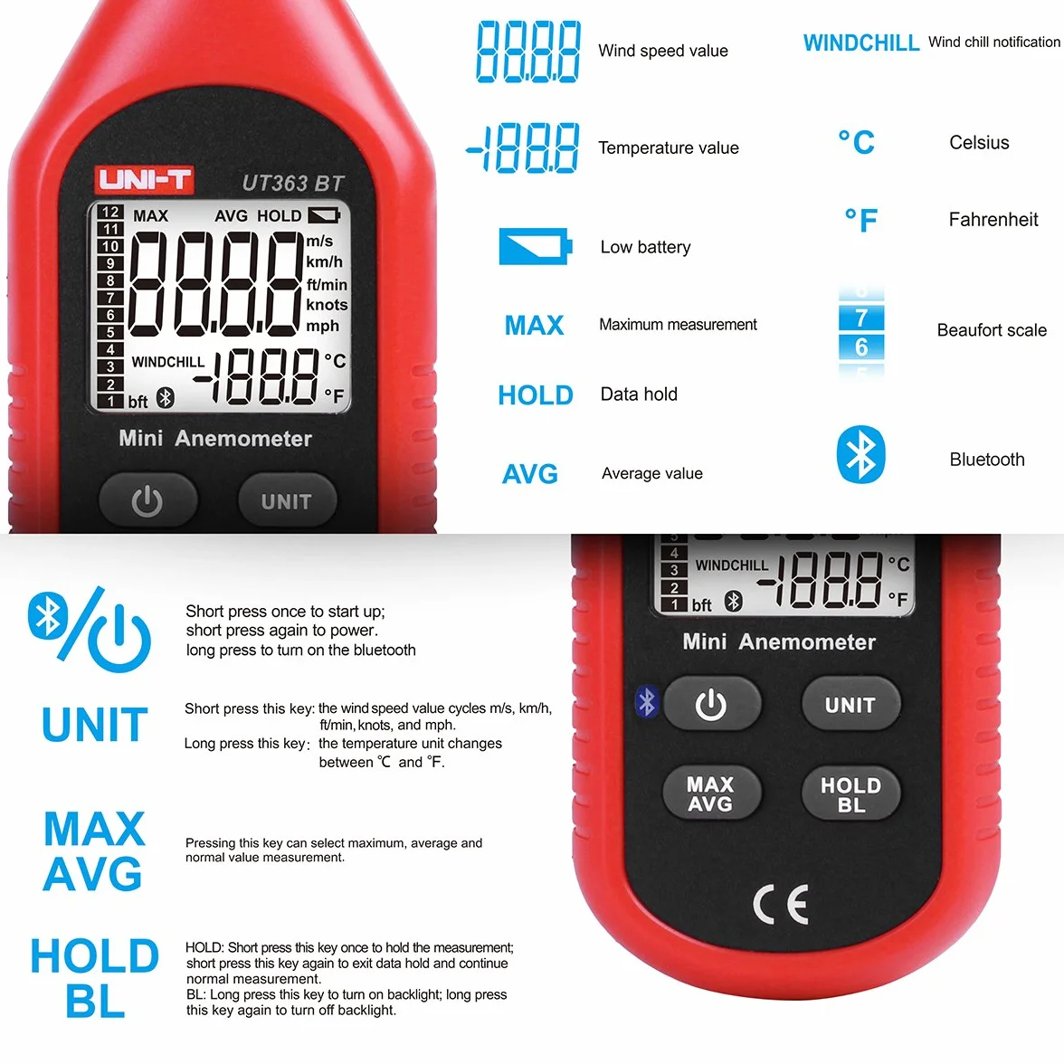 Uni-T Anémomètre Bluetooth Portable Mini Numérique avec Thermomètre Max/Min Écran LCD Rétroéclairé