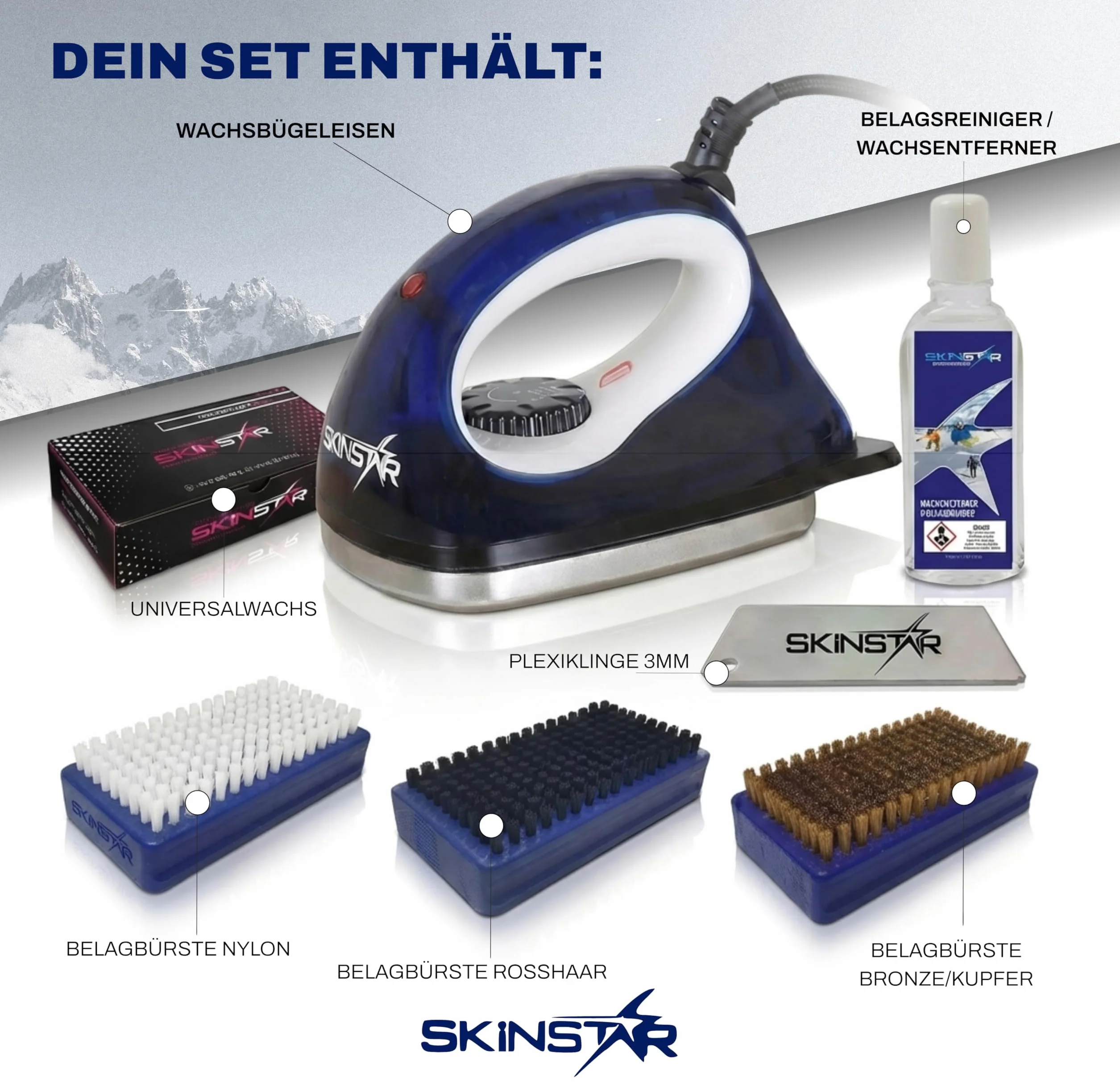 SkinStar Démarreur Ski Cire Set, Fer de Fartage, Brosses, Cire, Nettoyant 7-pièces