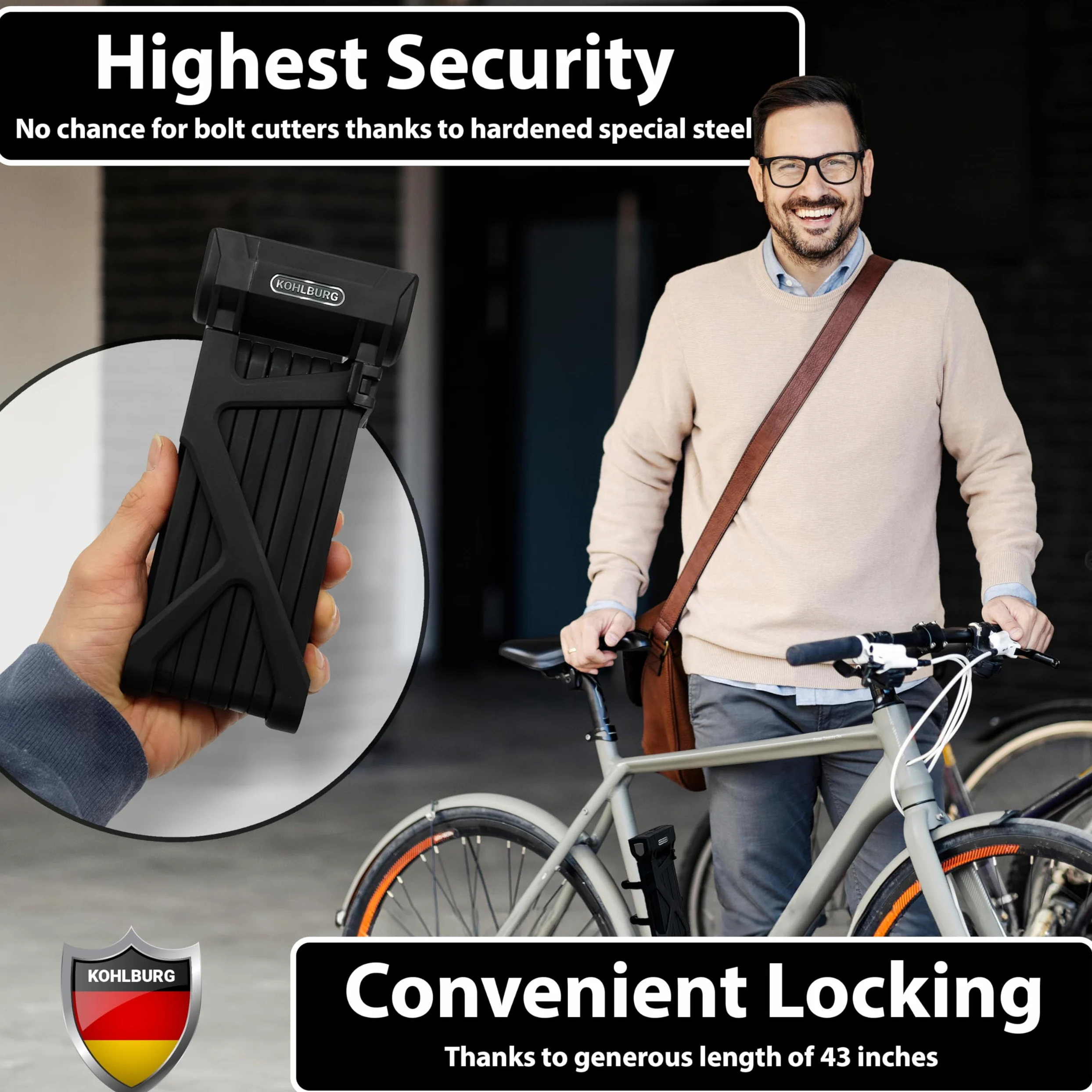 KOHLBURG Antivol pliable pour vélo - 108 cm - Sans danger pour coupe-boulons - Avec support | Antivol pliable pour vélo avec 3 clés - Antivol pour vélo électrique - Haute sécurité - Serrure pour vélo électrique et vélo