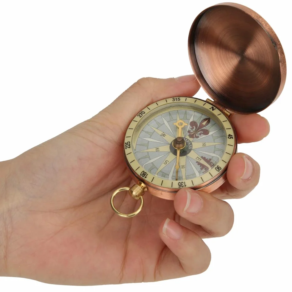 Boussole Portable Vintage en Métal avec Couvercle Pliant Cuivre pour Camping Randonnée