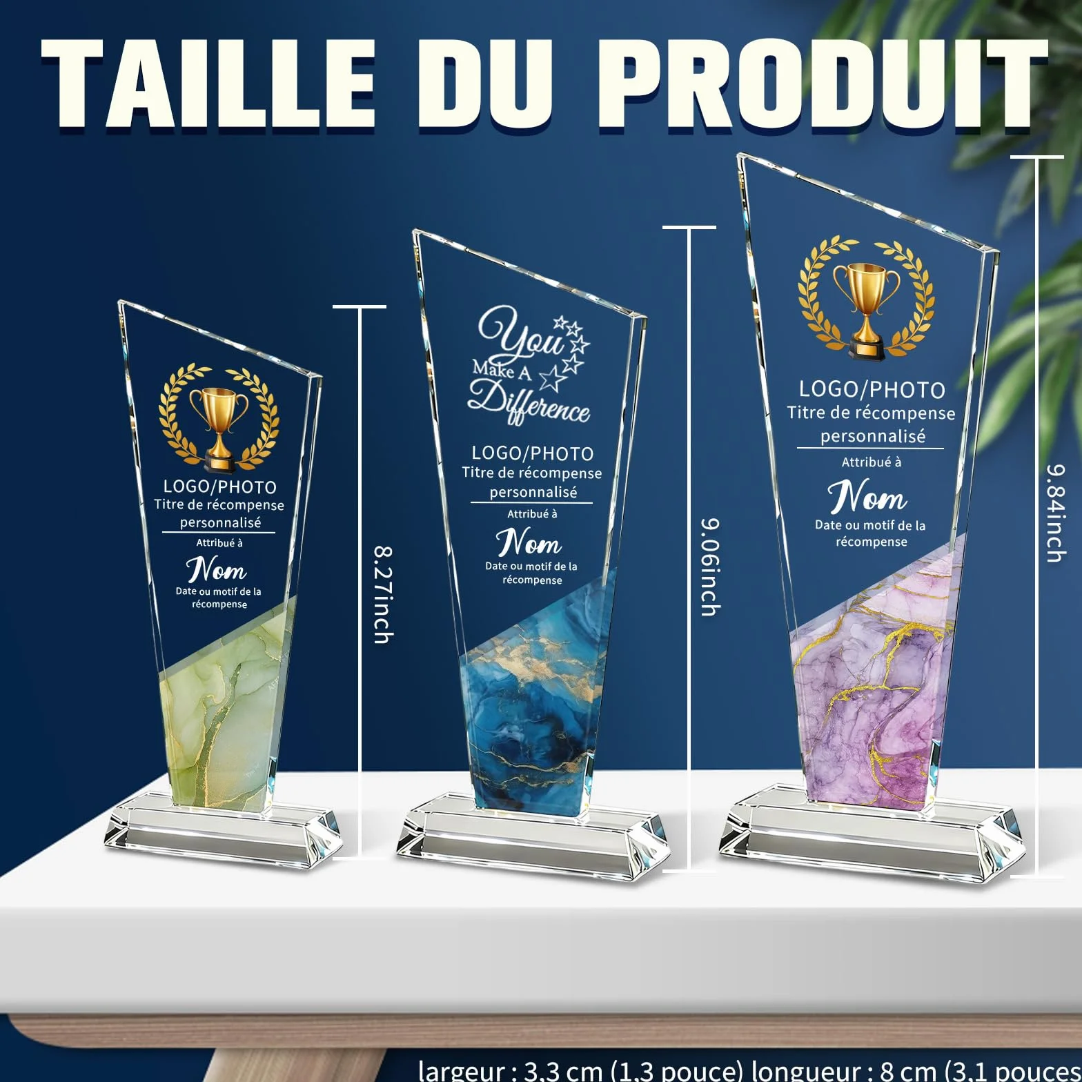 WBW Trophée Personnalisé en Cristal K9 avec Logo Photo et Texte Plaque Gravée Personnalisée 10–20 cm, Récompense en Cristal pour Employé du Mois Anniversaire Retraite Football
