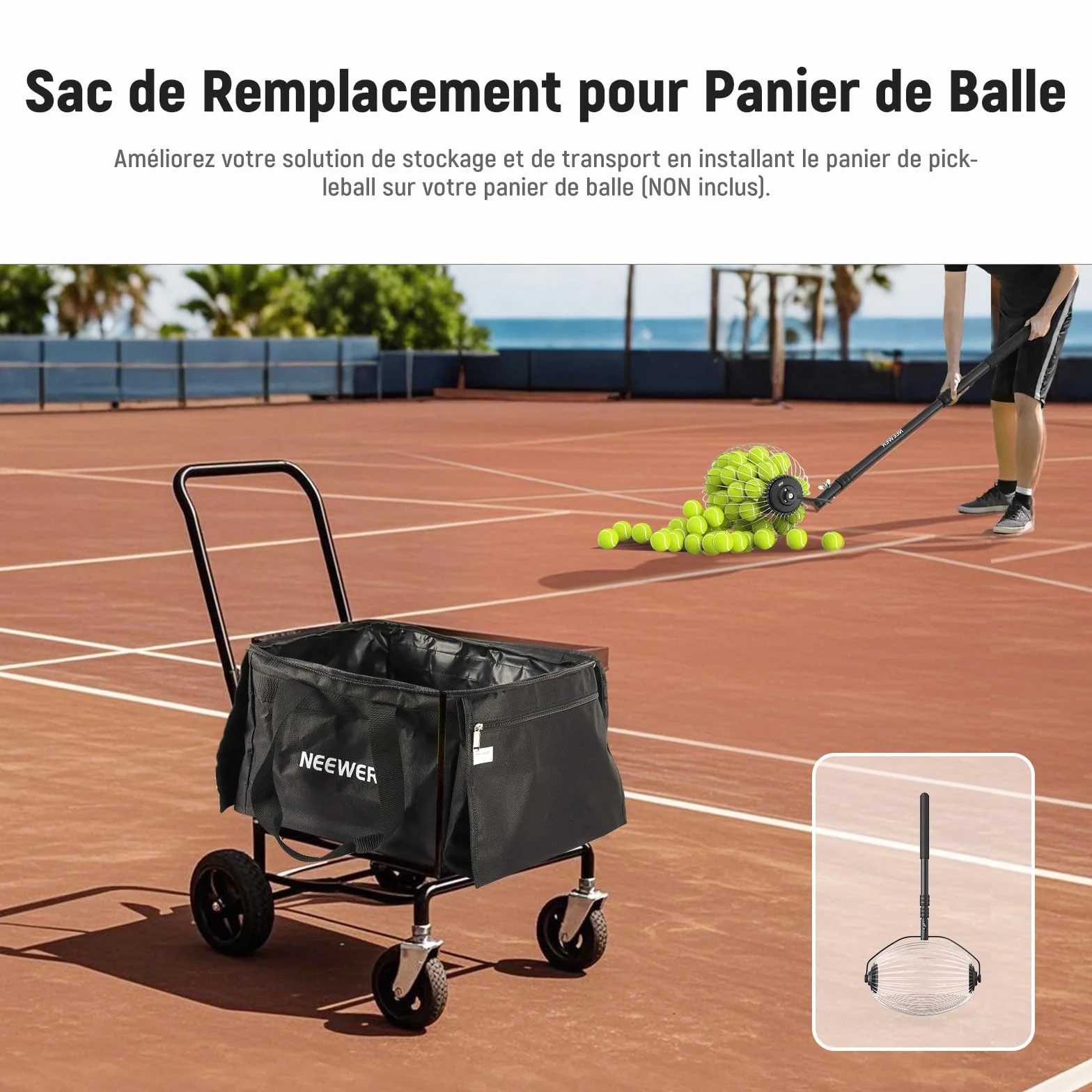 NEEWER Sac de Transport pour 110 Balles de Tennis & Pickleball Polyester Robuste pour Chariot ramasseur TB01S, Panier Caddy Léger & Portable pour Baseball & Golf avec Poches Latérales, TB01B