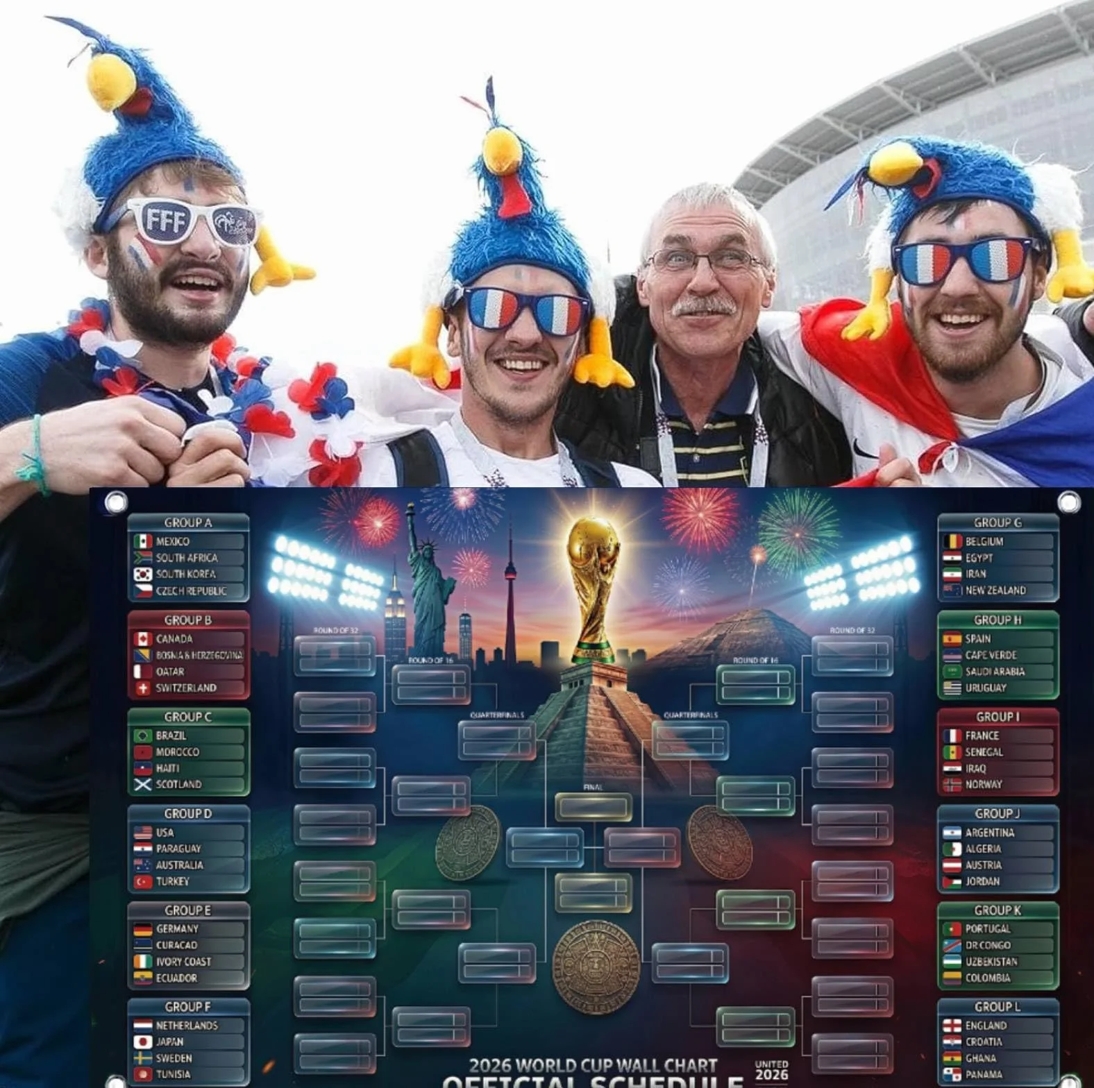 Calendrier Coupe du Monde 2026 Affiche Murale 150x100cm Tableau des Matchs 48 Équipes