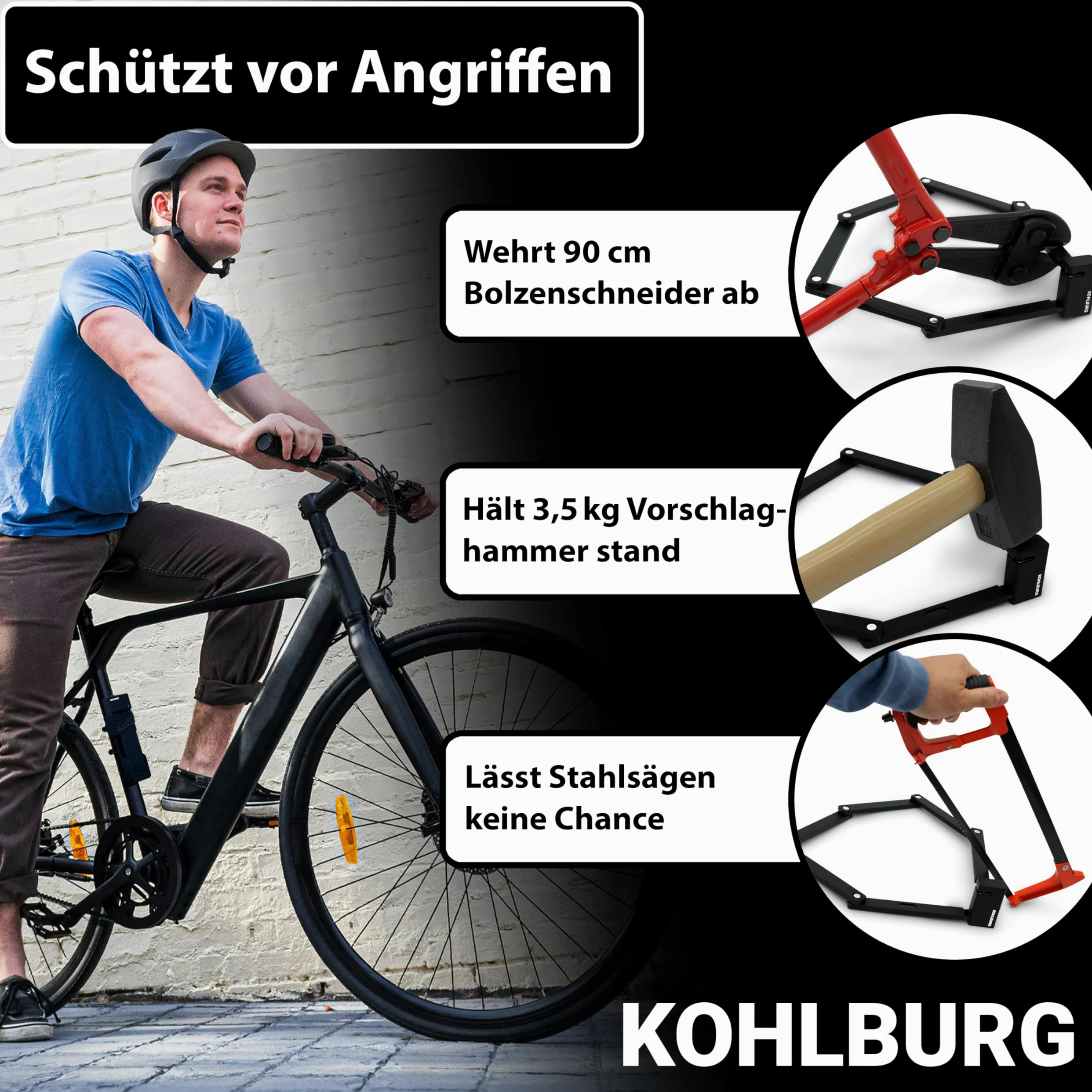 KOHLBURG Antivol de sécurité pliable [Maillons pliants de 9 mm d'épaisseur, 100 cm de long] – Antivol de vélo avec support et 4 clés – Antivol de vélo pour scooter, scooter, vélo électrique et vélo