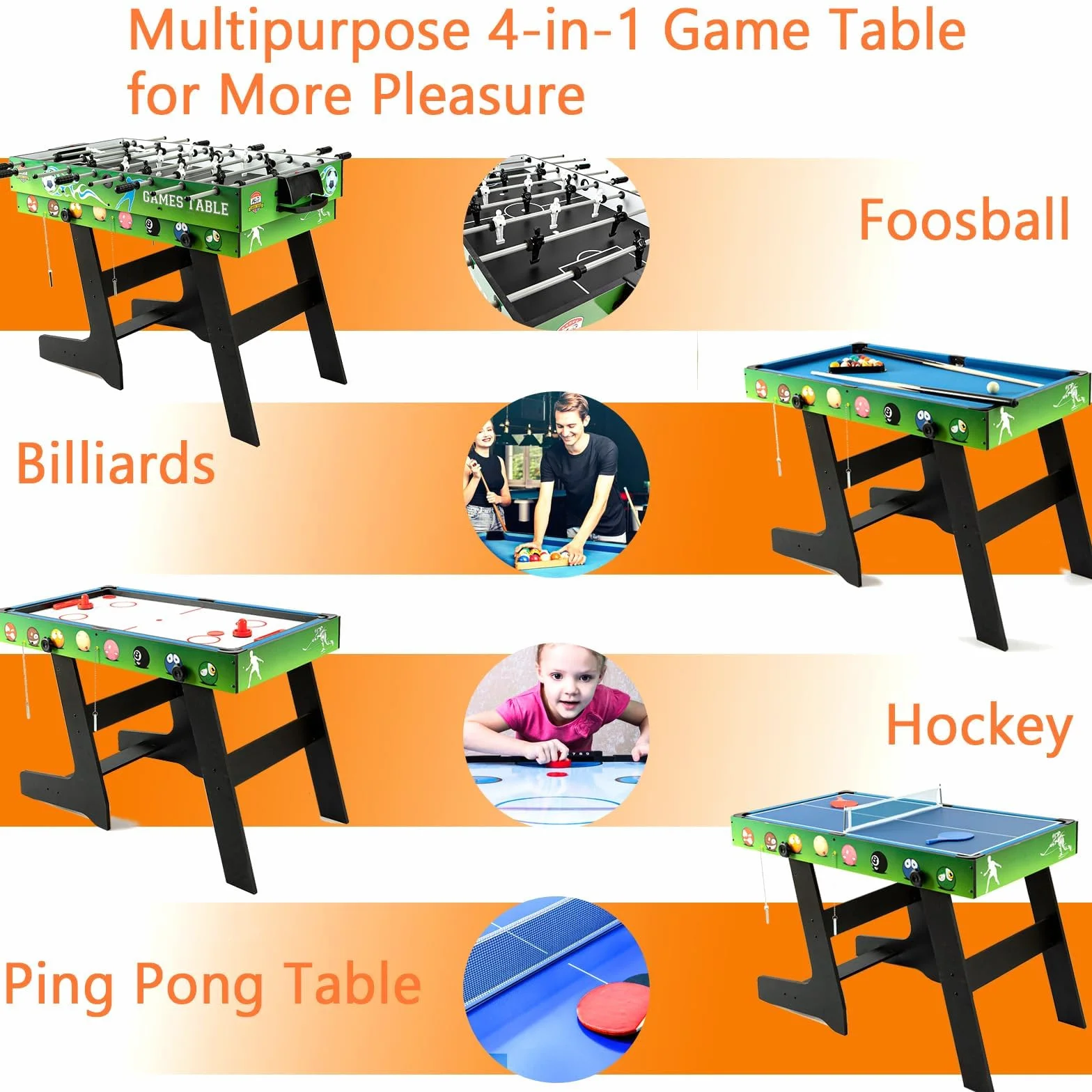 HLC Table Multijeux 4 en 1, Baby Foot Pliable, Multifonction Sport Babyfoot/Billard/Tennis de Table/Hockey, Convient Aux Adultes Et Aux Enfants Plaisir Familial.