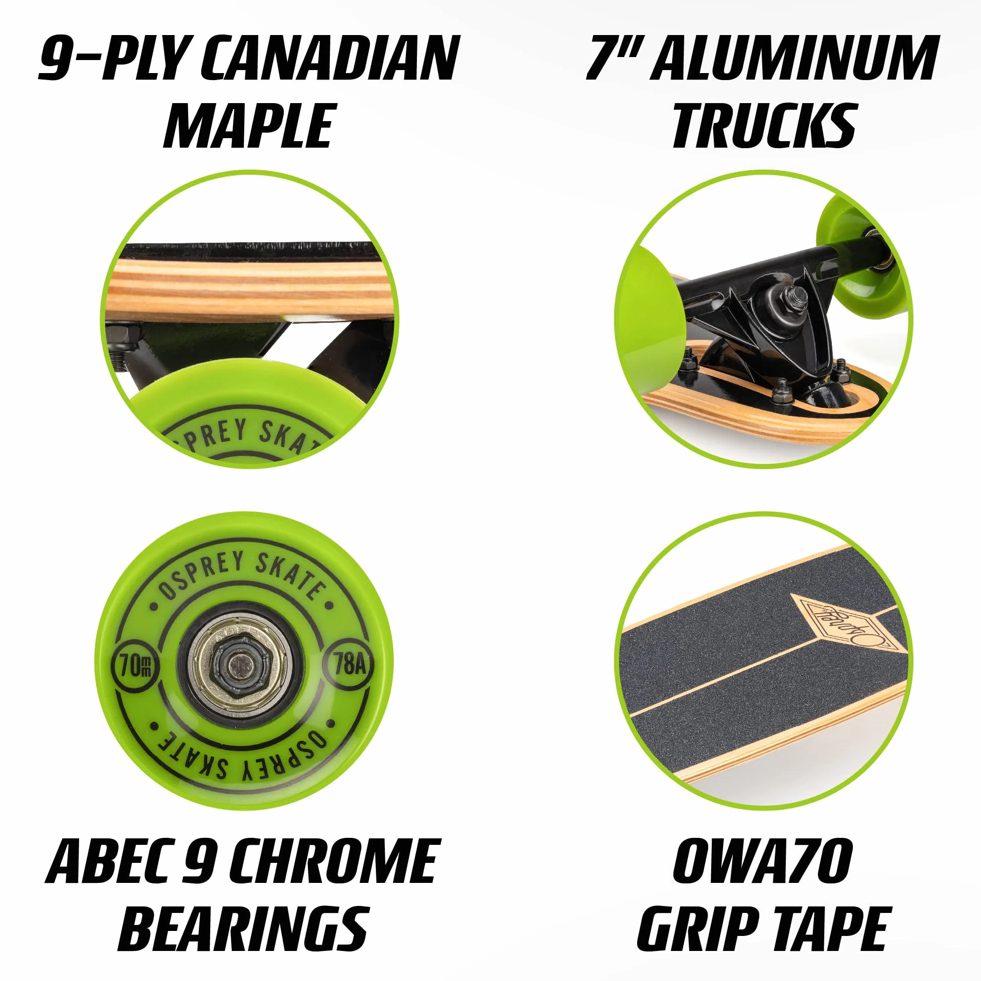 Osprey Longboard à Double Pointe en érable Canadien, Planche à roulettes complète