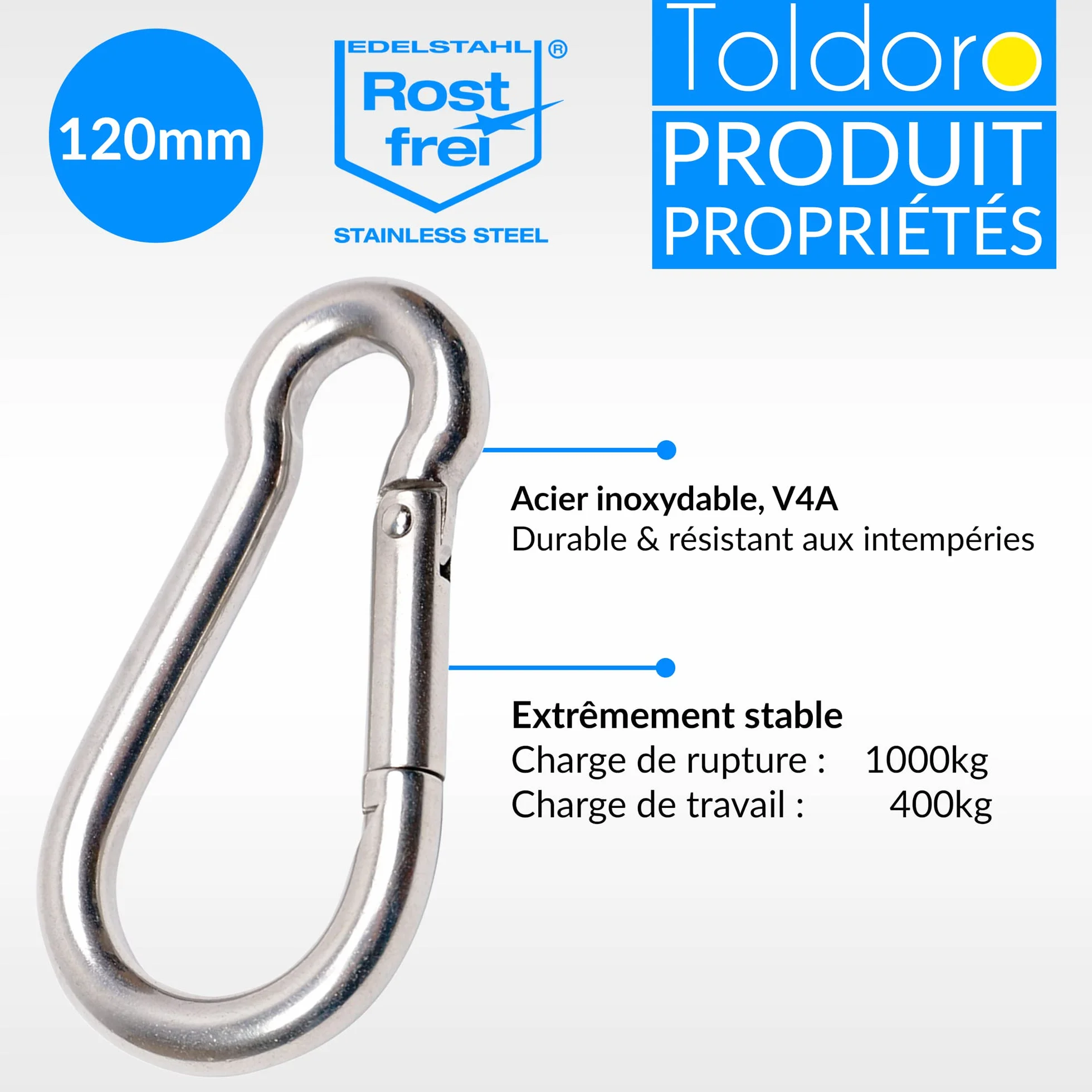 Toldoro Mousqueton 11x120mm Acier Inoxydable AISI 316 V4A Grande Taille