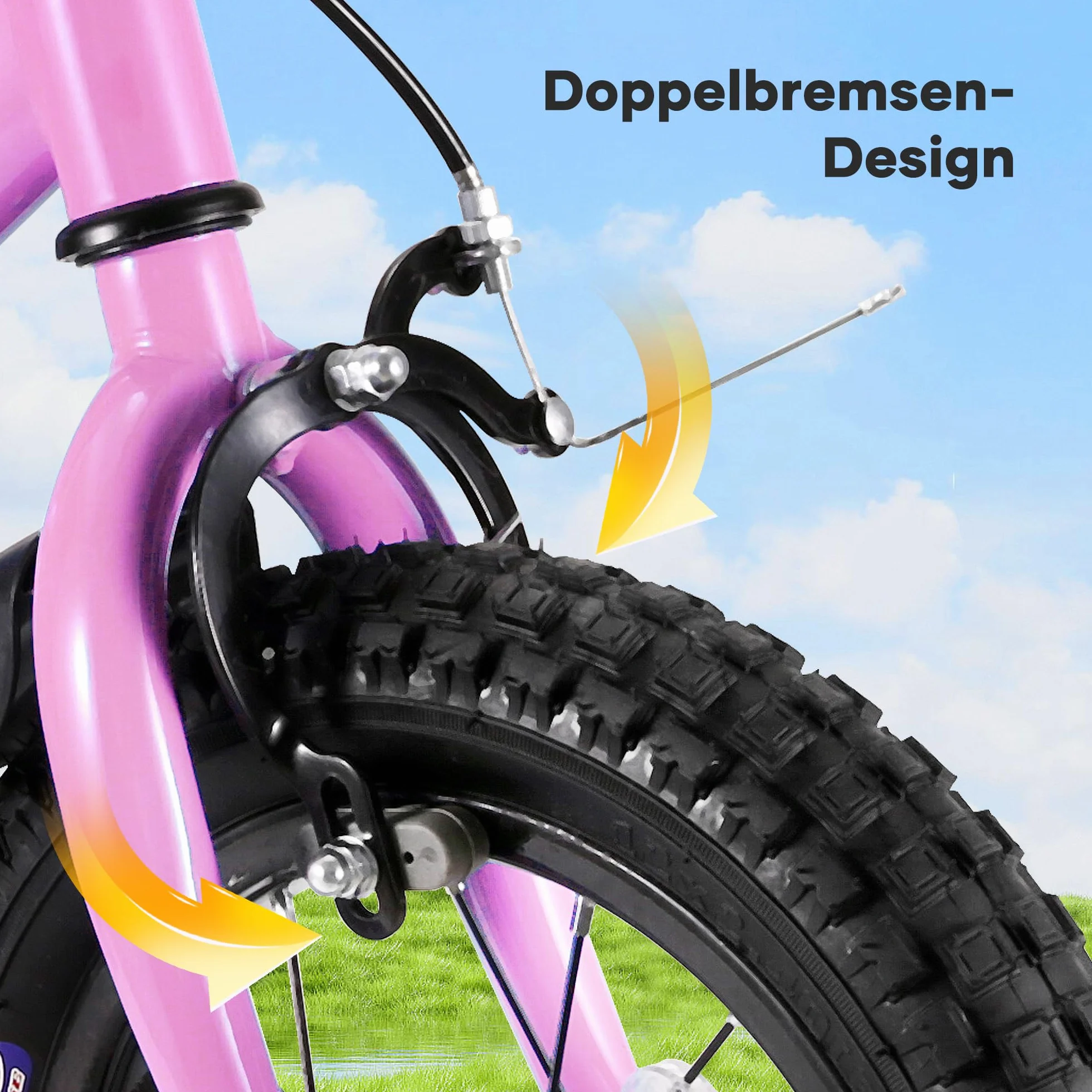 BODIOO Vélo enfant 14 pouces garçon fille roues stabilisatrices cadre stable siège réglable frein arrière frein à main 94-107 cm