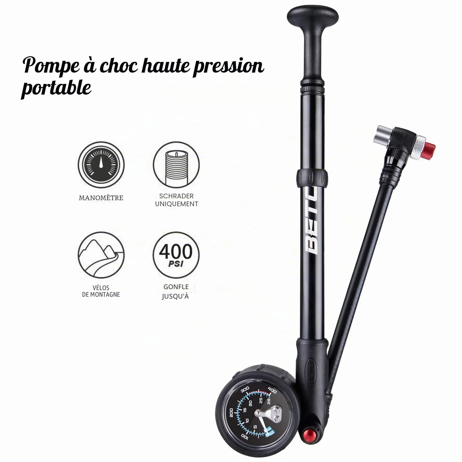 BETO Pompe à Chocs Haute Pression 400 PSI Max VTT pour Fourche et Suspension arrière Valve Schrader
