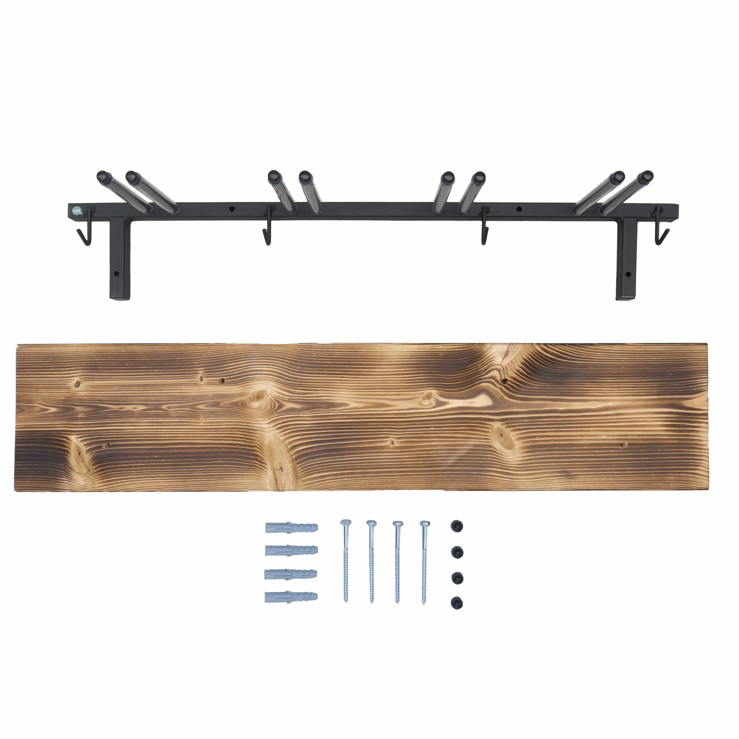 QLS Support mural pour skis S3 pour 4 paires de 83 cm en acier et bois avec crochets en bois pour bâtons de marche nordique, randonnée et ski