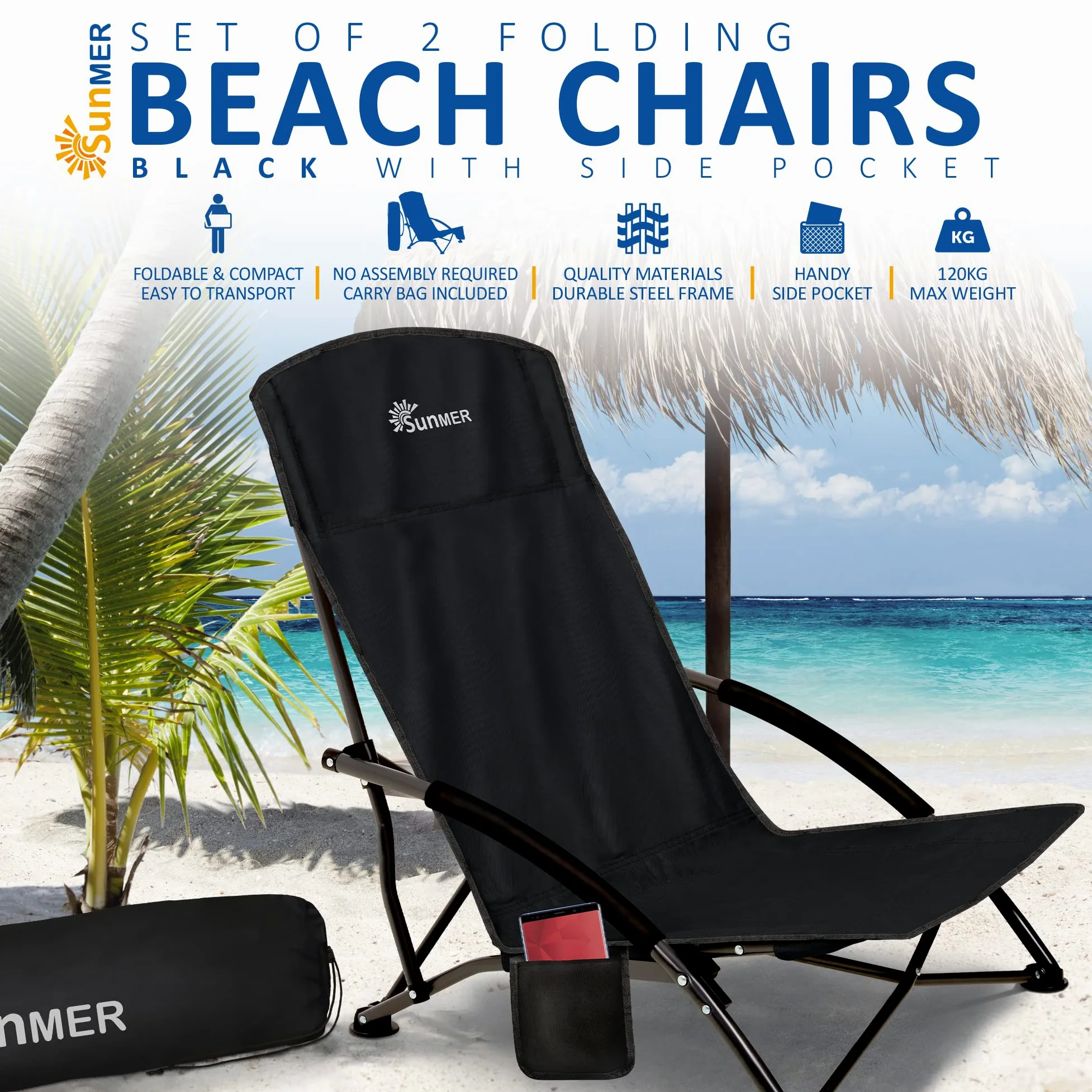 SUNMER Lot de 2 chaises de Plage Pliantes avec Poche latérale et Sac de Transport – Chaise de Camping Basse Pliable, compacte, légère, Portable, capacité de 120 kg – Noir