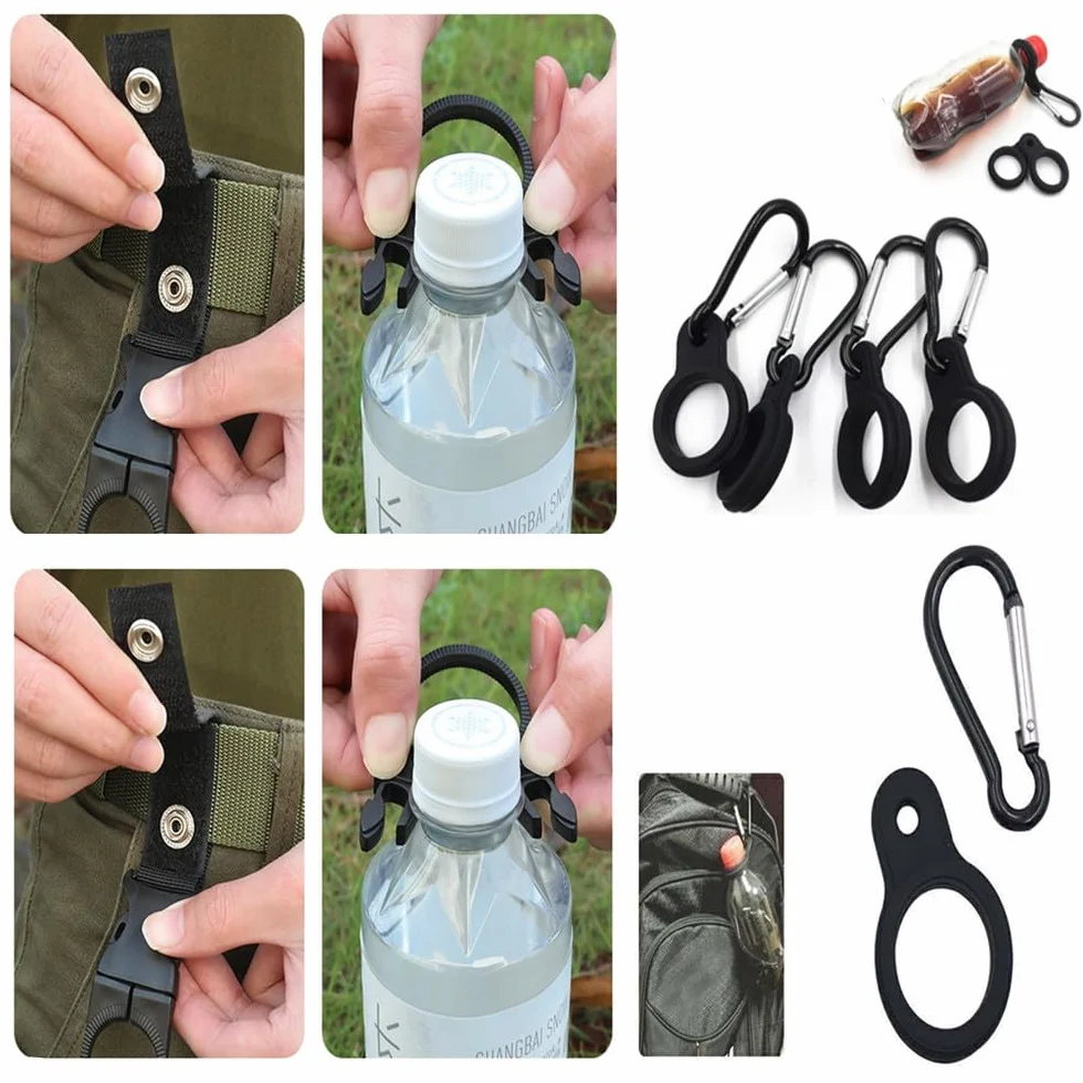 Porte-bouteille noir avec mousqueton en aluminium léger, clip de ceinture pour extérieur, 4 boucles