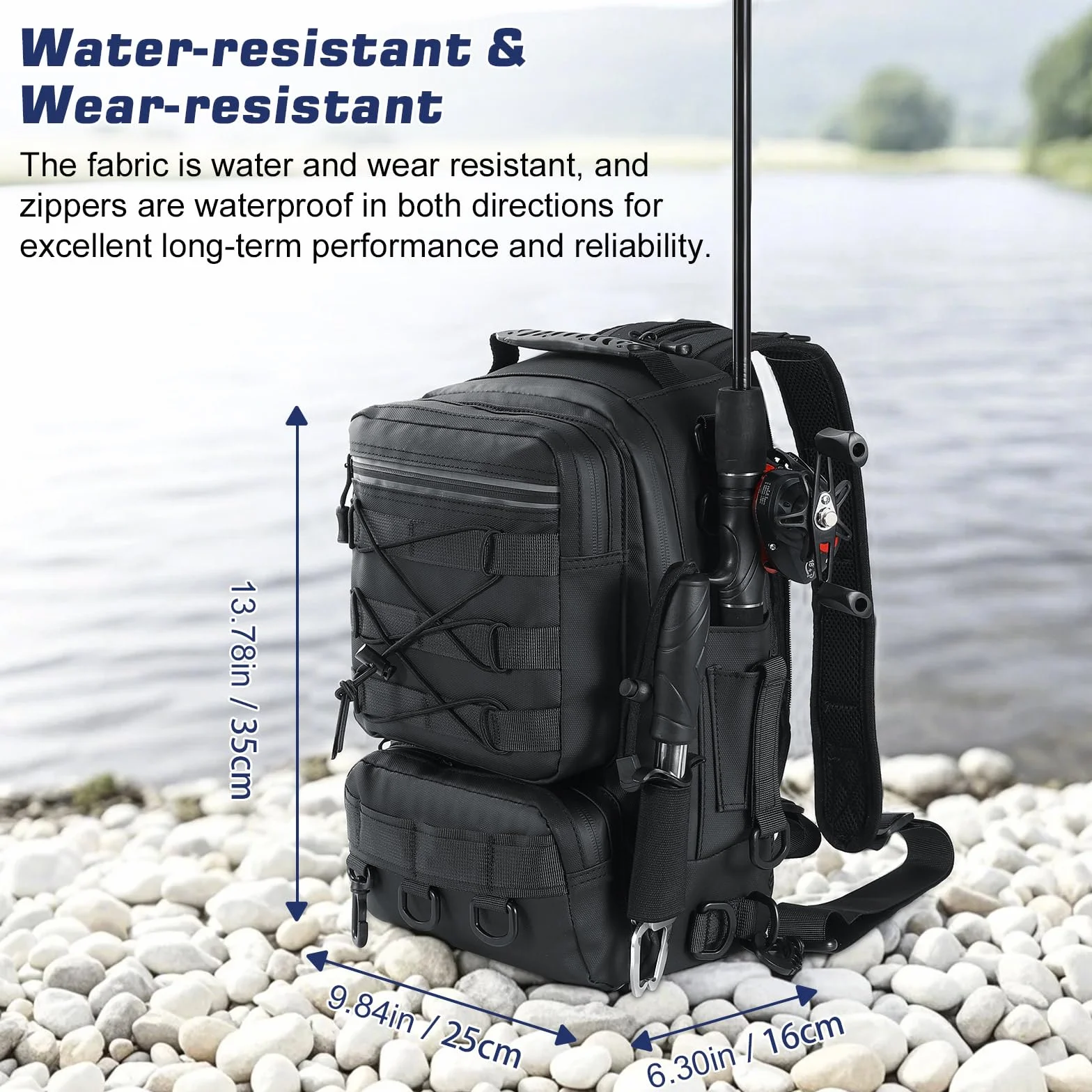 MoKo Sac à dos de pêche imperméable avec support canne, rangement accessoires nylon, camping, chasse, Noir