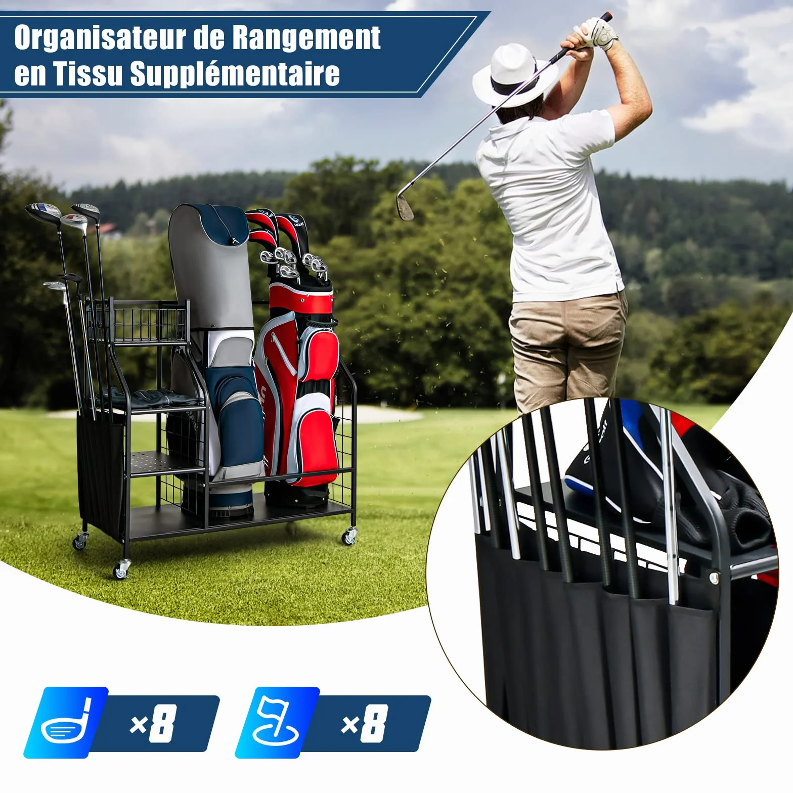COSTWAY Support de Rangement pour Sac de Golf avec Roues Universelles Verrouillables, Organisateur de Stockage en Métal pour Accessoires Golf avec Étagère et 4 Crochets
