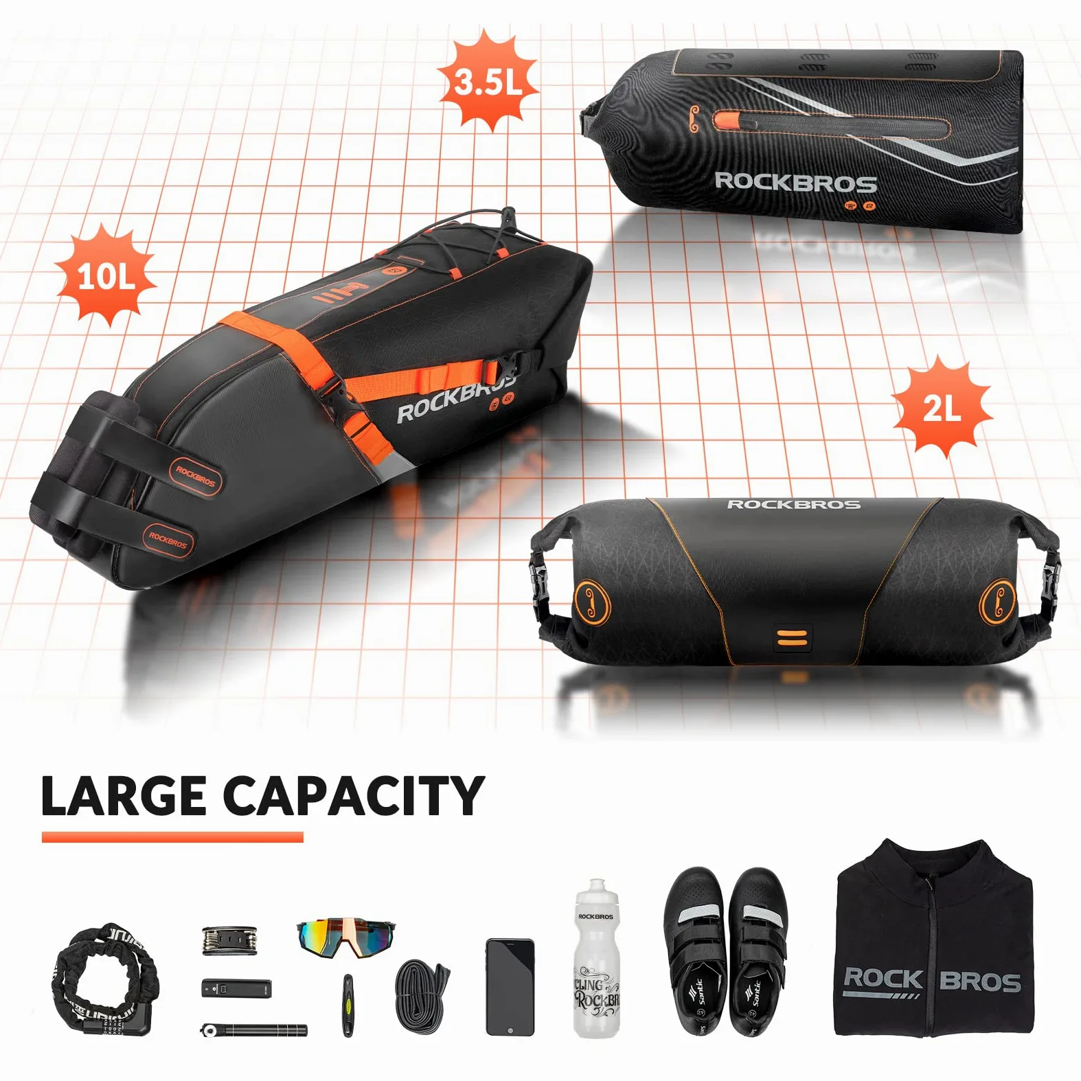 ROCKBROS Set de Sacoche de Vélo : Sacoche de Guidon + Sacoche de Selle, Bikepacking 3,5L + 10L Grande Capacité Étanche, Noir Orange