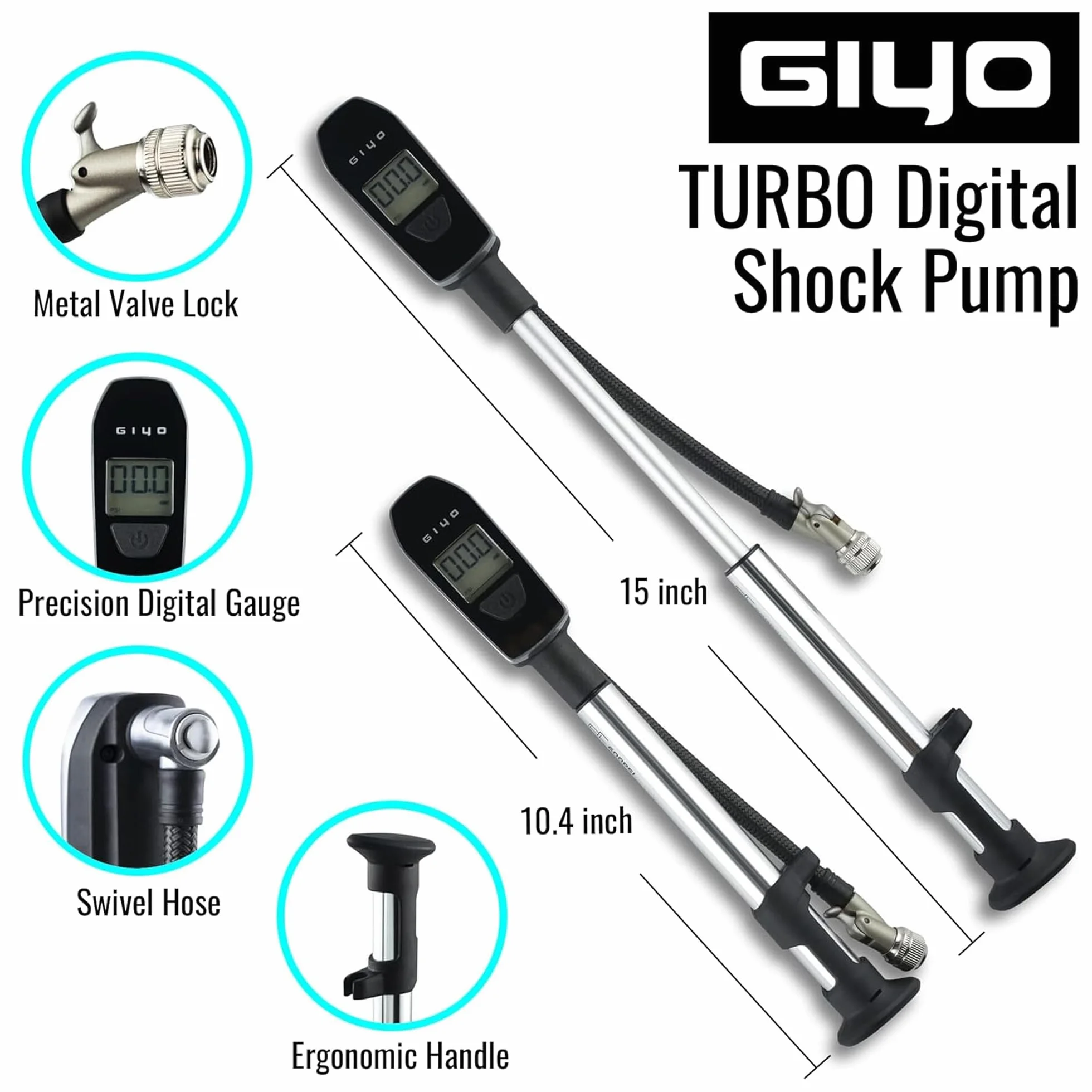 GIYO Pompe à choc 600 PSI – Assistance turbo, purgeur d'air micro, barillet aluminium, poignée confortable, tuyau tressé pour fourche