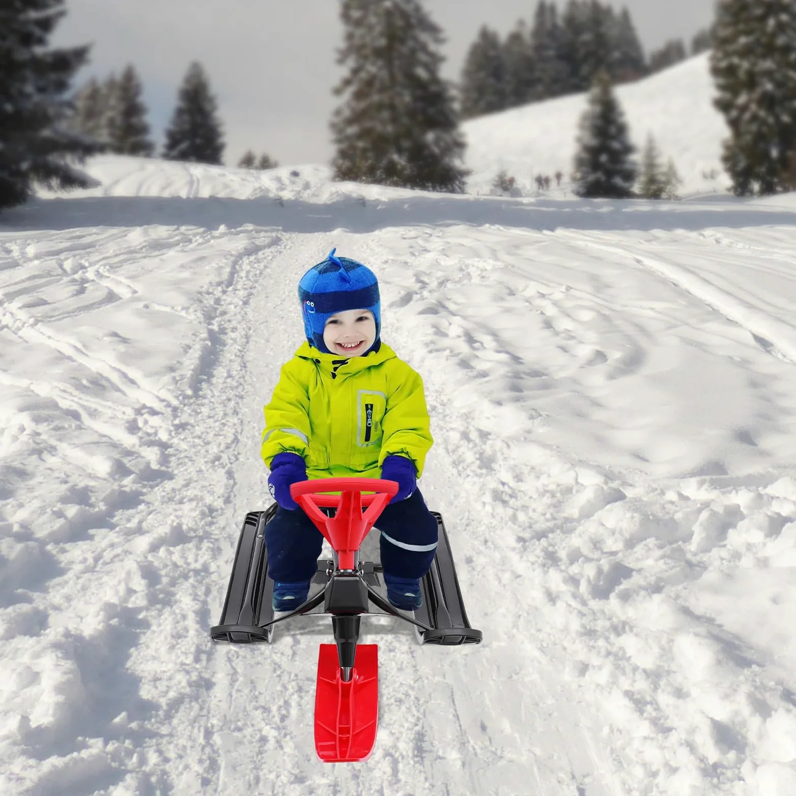 Snow Racer Sled - 114 × 50 × 38 cm - Avec freins à double pied - Guidon flexible et pédales antidérapantes - Luge à neige robuste pour enfants de 3 à 15 ans et adultes jusqu'à 100 kg