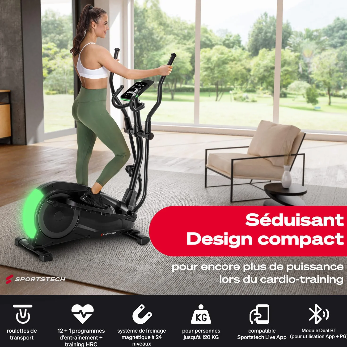 Sportstech CX700 Vélo Elliptique avec Technologie LED, Frein Magnétique 24 kg, 12 Programmes