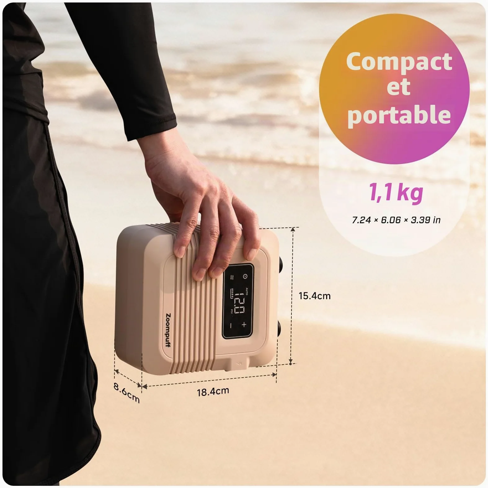 Pompe Sup électrique, Sup Rechargeable 20 PSI, gonflage Rapide | 5 min à 12 PSI, 1,14 kg légère, Batterie 38,48Wh, Gonflage/dégonflage double étage, 7 embouts, SUP, bateaux, kayaks