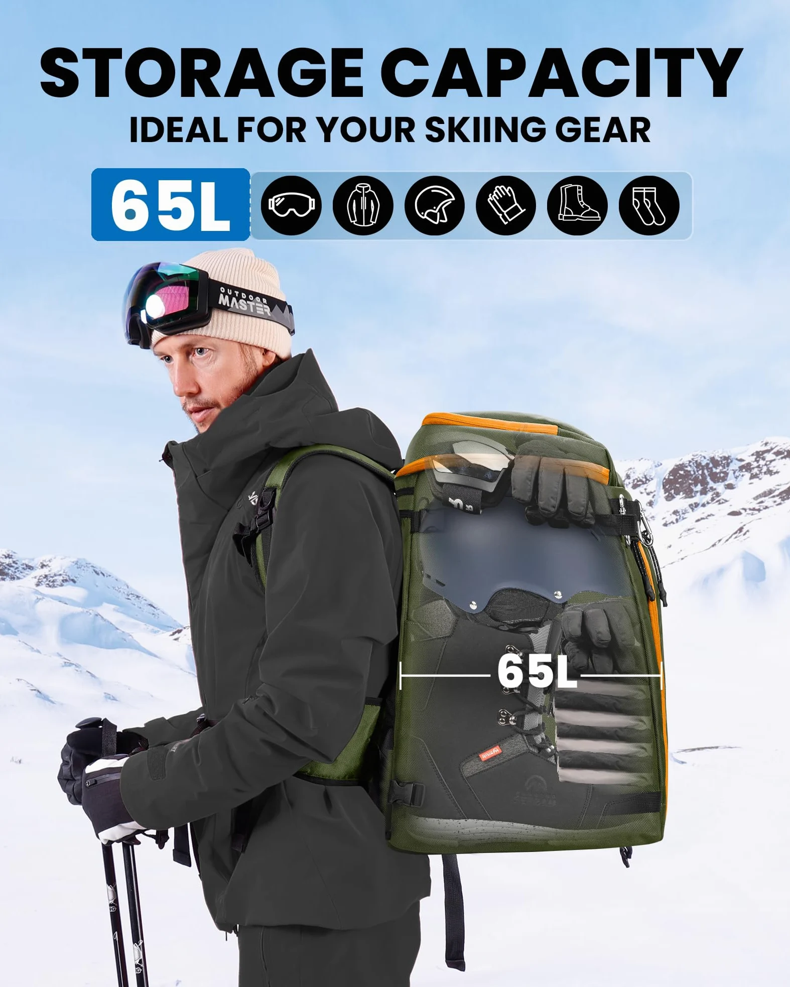 OutdoorMaster Sac à Chaussures de Ski, 65 L - Sac à Dos de Voyage pour Casque, Chaussures de Ski, Lunettes, Gants et Accessoires | Extérieur et Fond imperméables