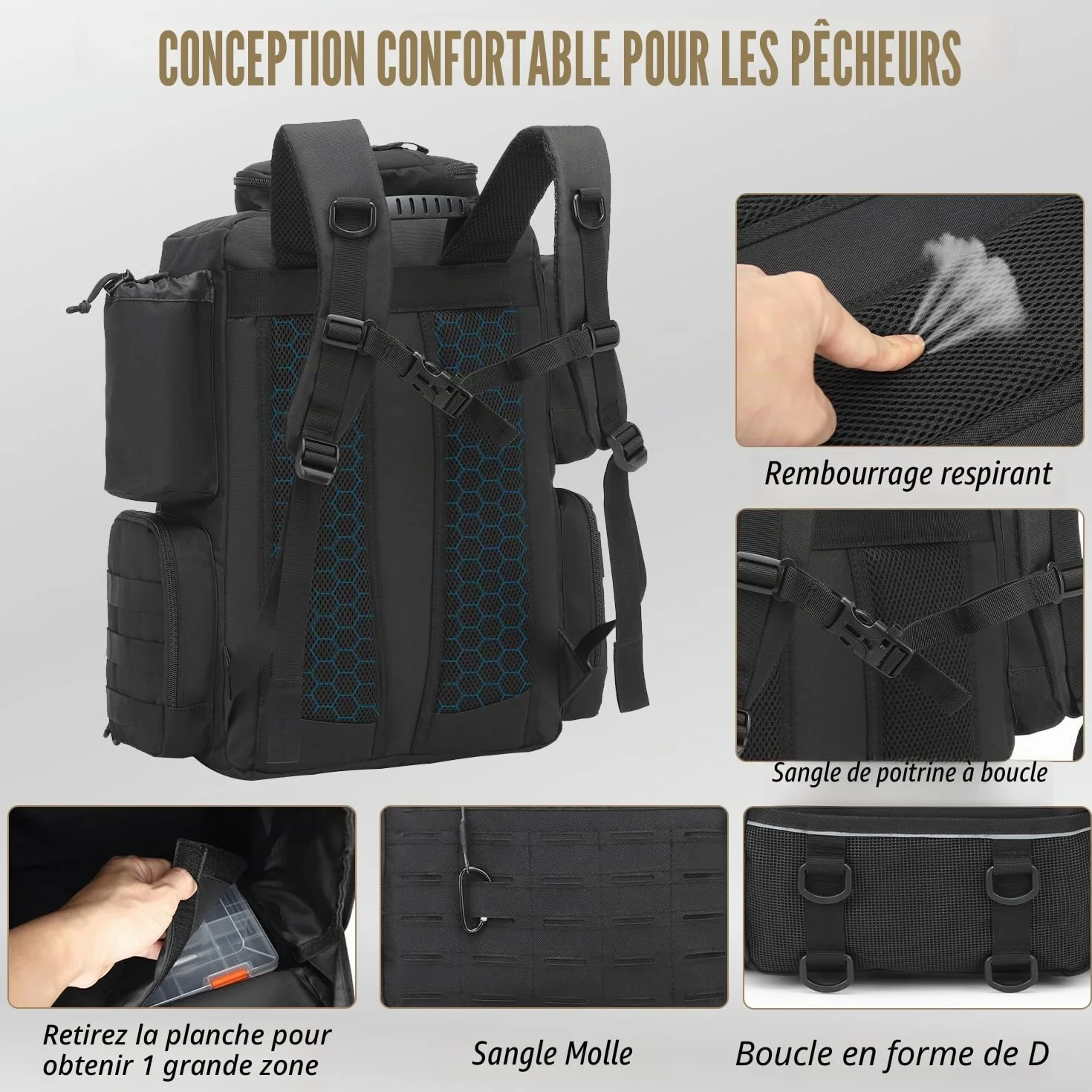 Sac à Dos de Pêche 50L avec Supports de Canne et Compartiment Réfrigéré Résistant à l'eau Noir