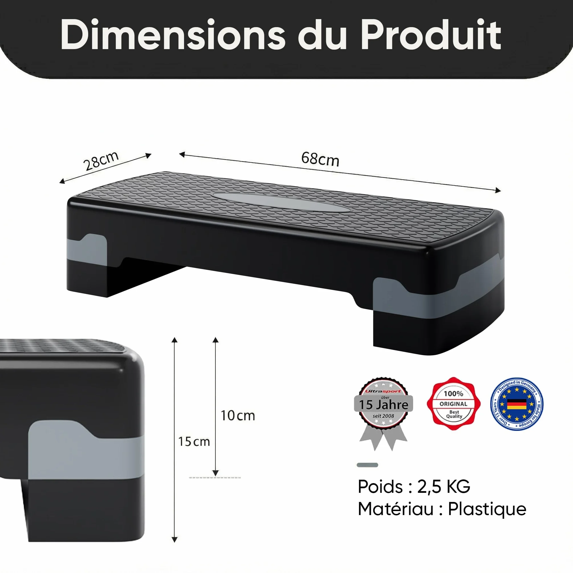 Ultrasport Stepper Fitness Aérobic Antidérapant 2 Niveaux 68 x 28 cm Gris