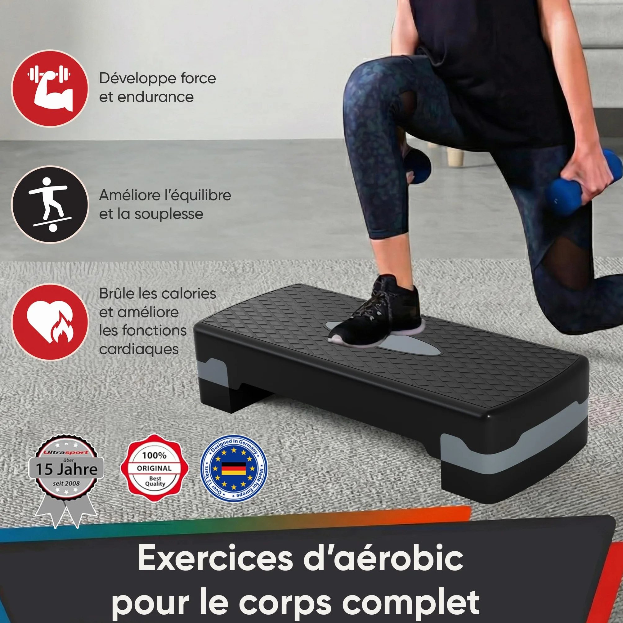 Ultrasport Stepper Fitness Aérobic Antidérapant 2 Niveaux 68 x 28 cm Gris