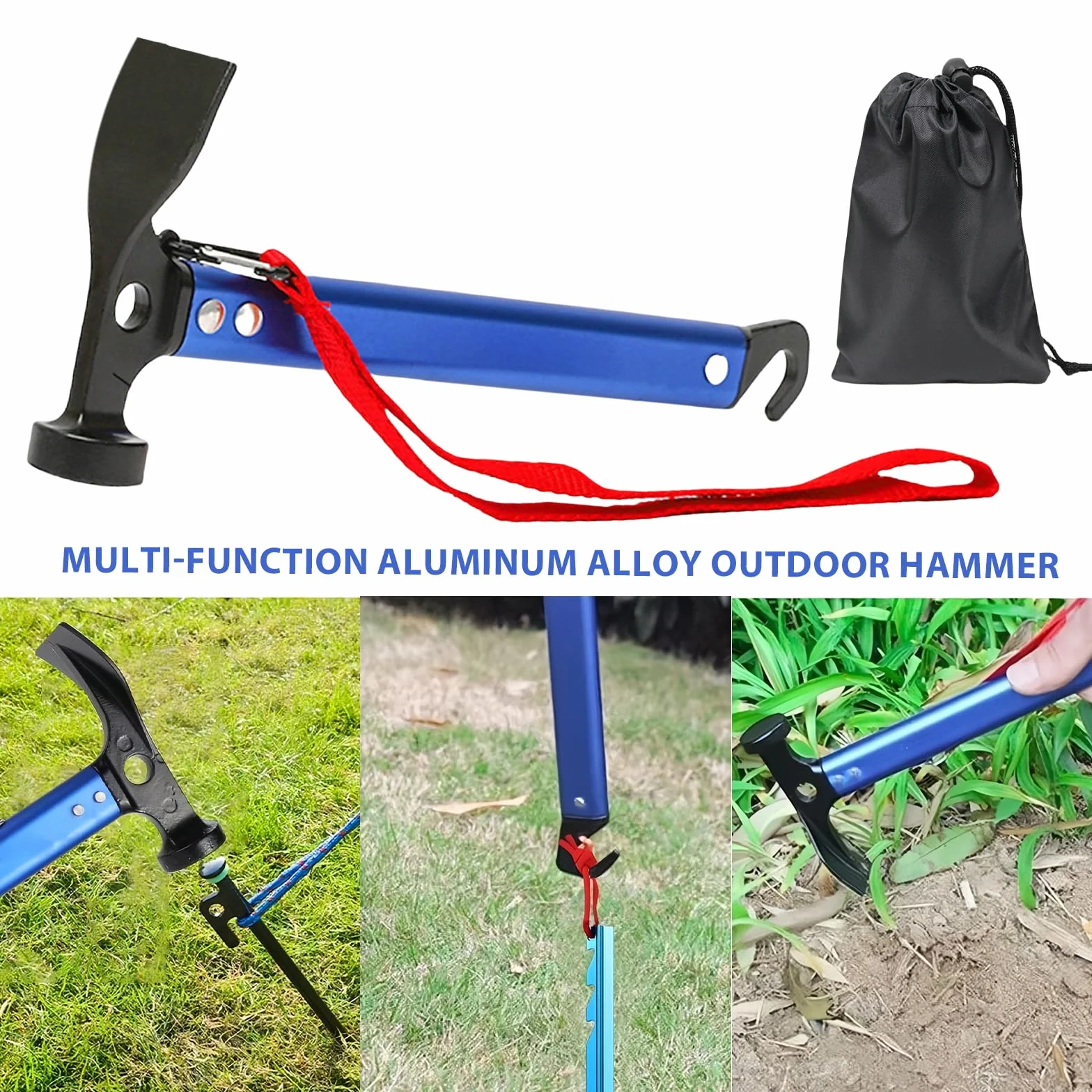 Marteau de camping 30,5 cm aluminium avec crochet et mini-pioche pour piquets de tente Bleu
