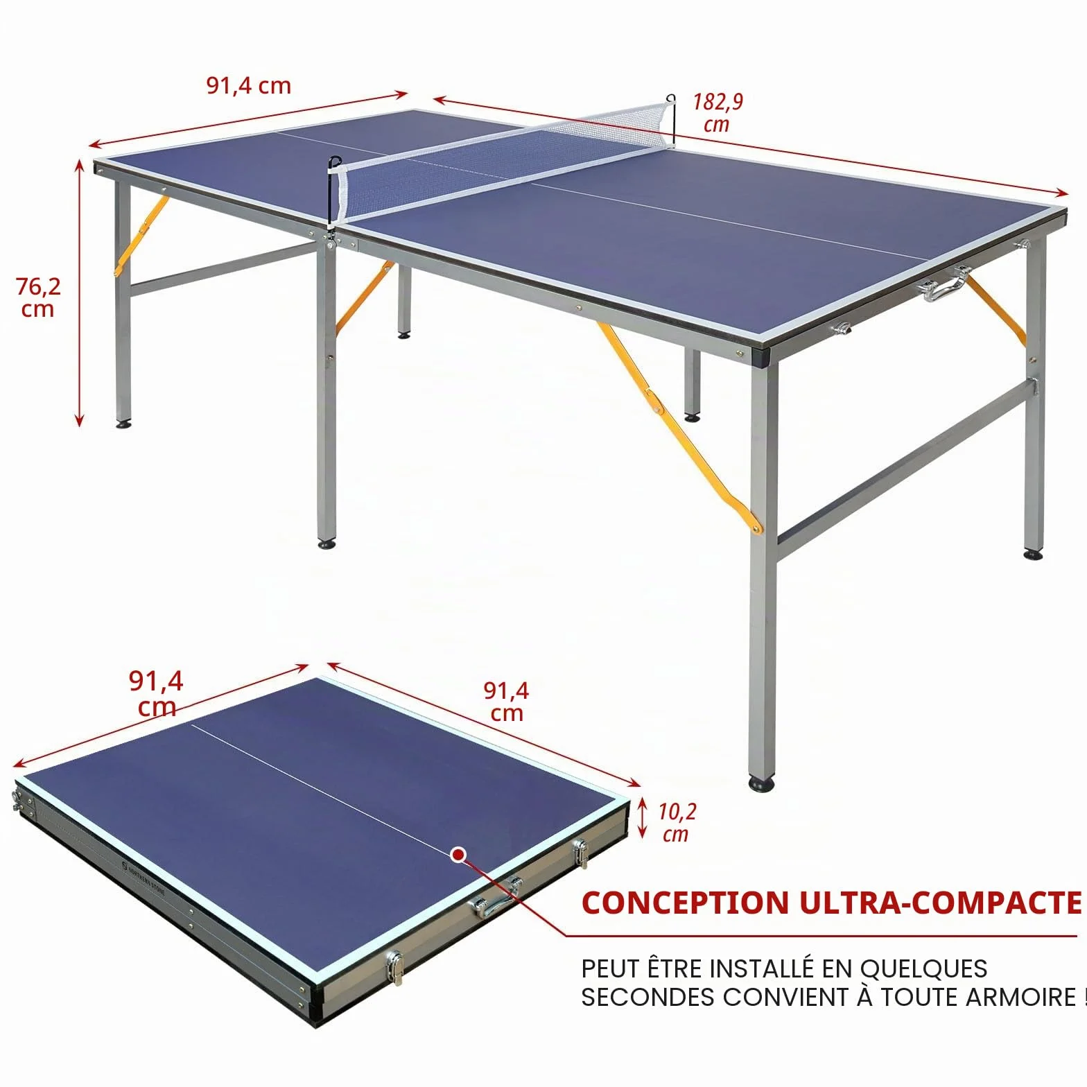 Tables de tennis de table de taille moyenne pour l'intérieur et l'extérieur, pliables et portables avec filet, 2 raquettes de tennis de table et 3 balles