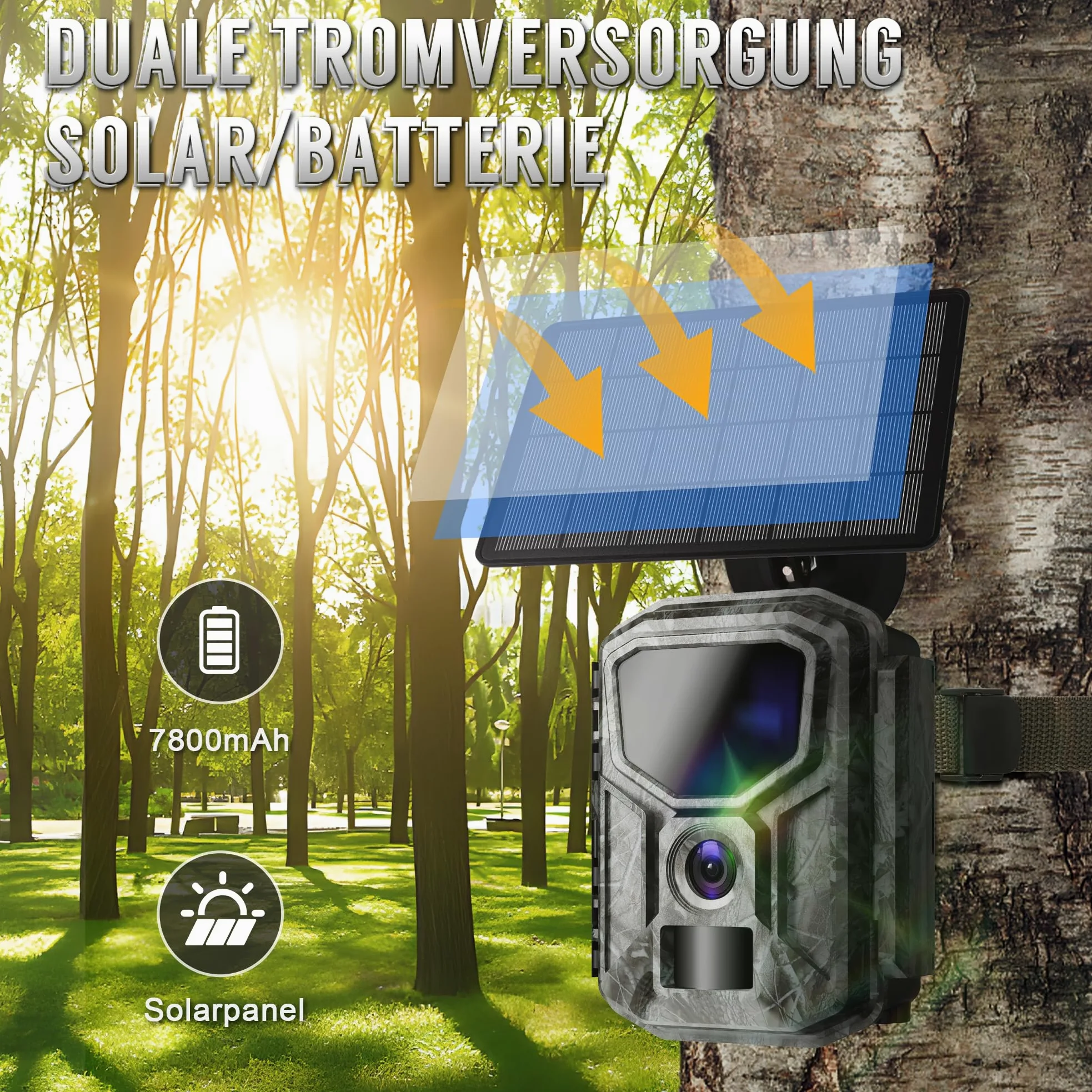 Caméra de chasse solaire 8K avec application illimitée gratuite, batterie 7800 mAh, vision nocturne 850 nm, détection de mouvement 0,1 S, étanche IP66, avec carte mémoire de 32 Go, caméra pour