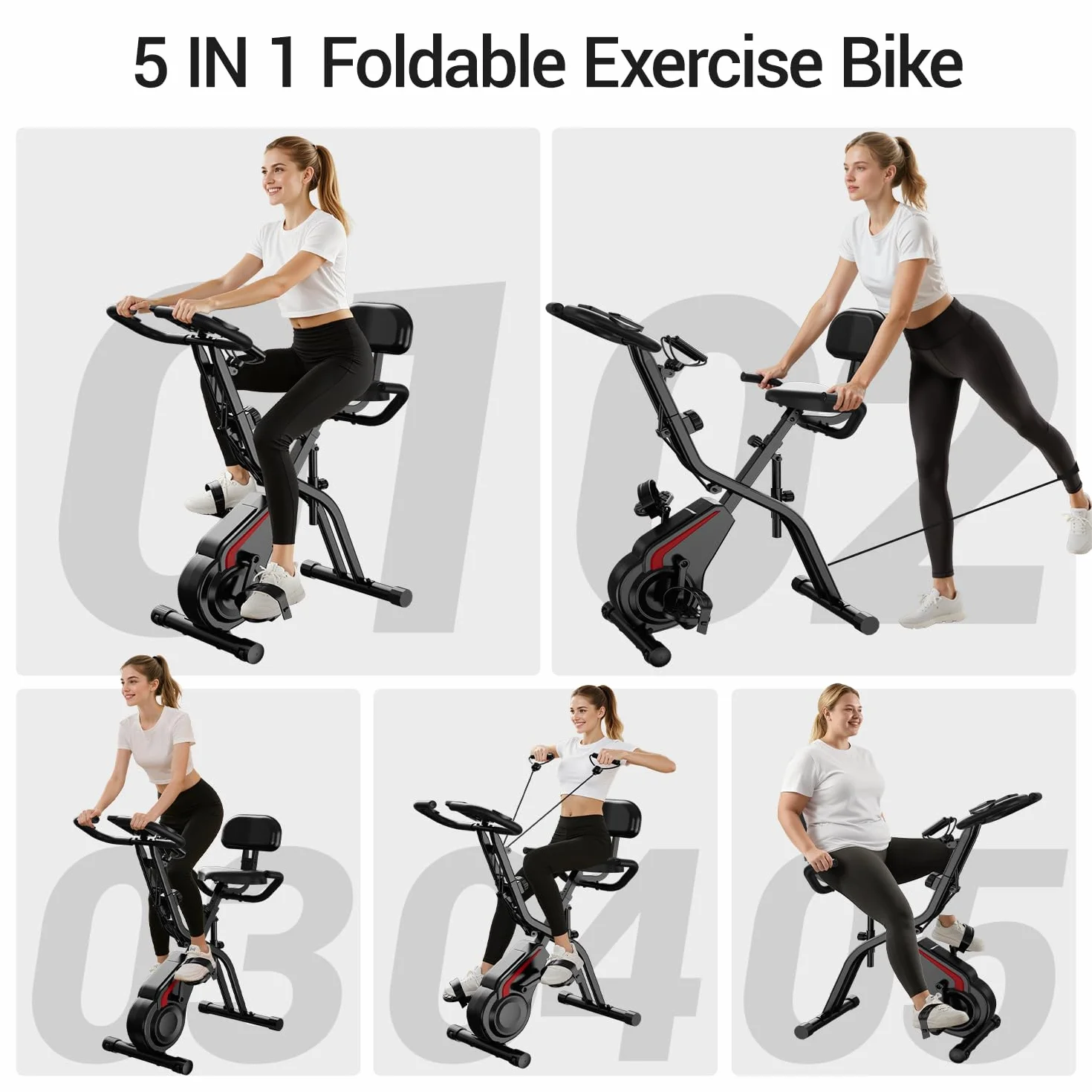 UMAY Velo d'appartement pliable 5-en-1 avec résistance 16 niveaux et surveillance fréquence cardiaque écran LED