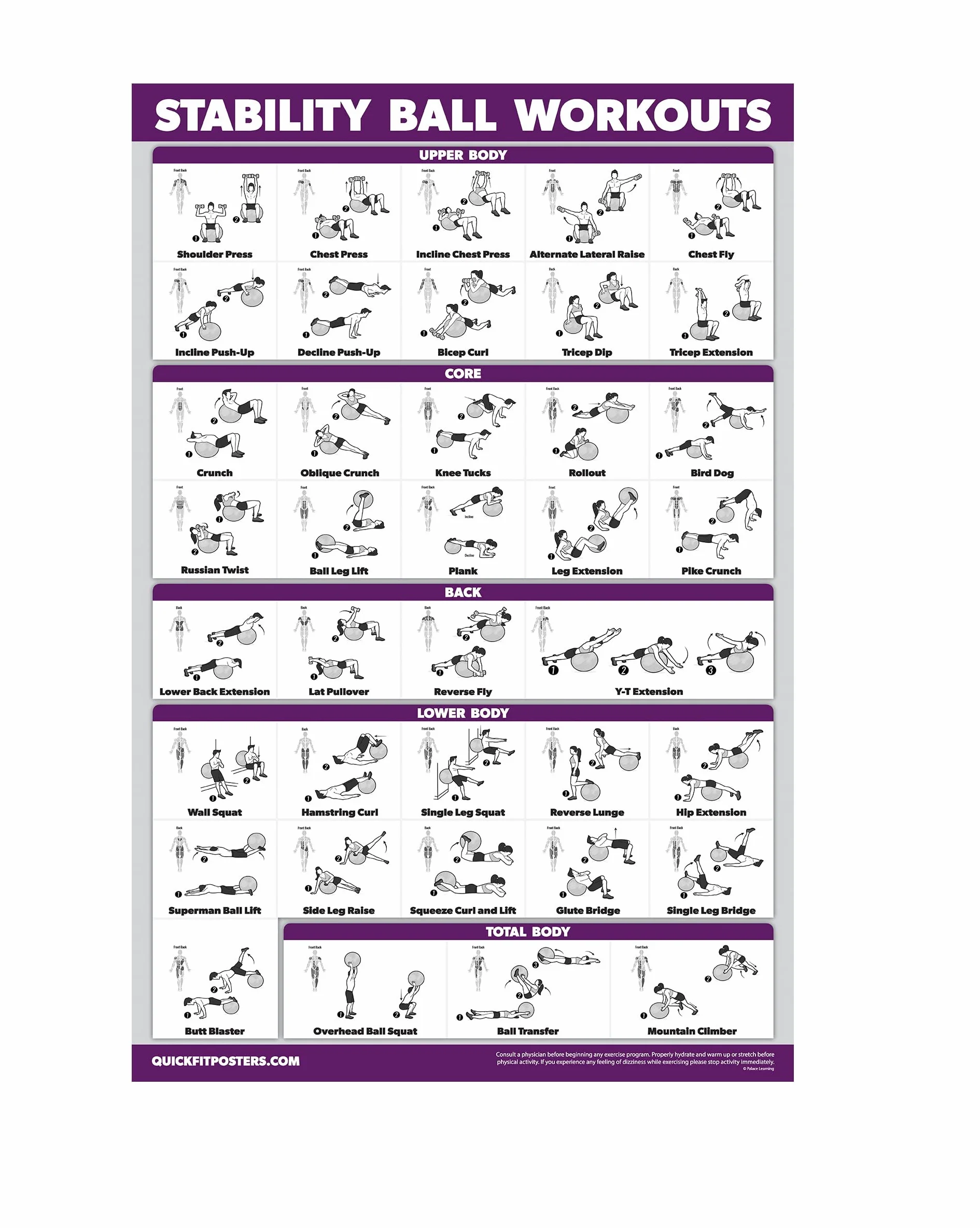 QUICKFIT Affiche d'exercice de Ballon de Yoga – Routine de Ballon de Stabilité – Double Face