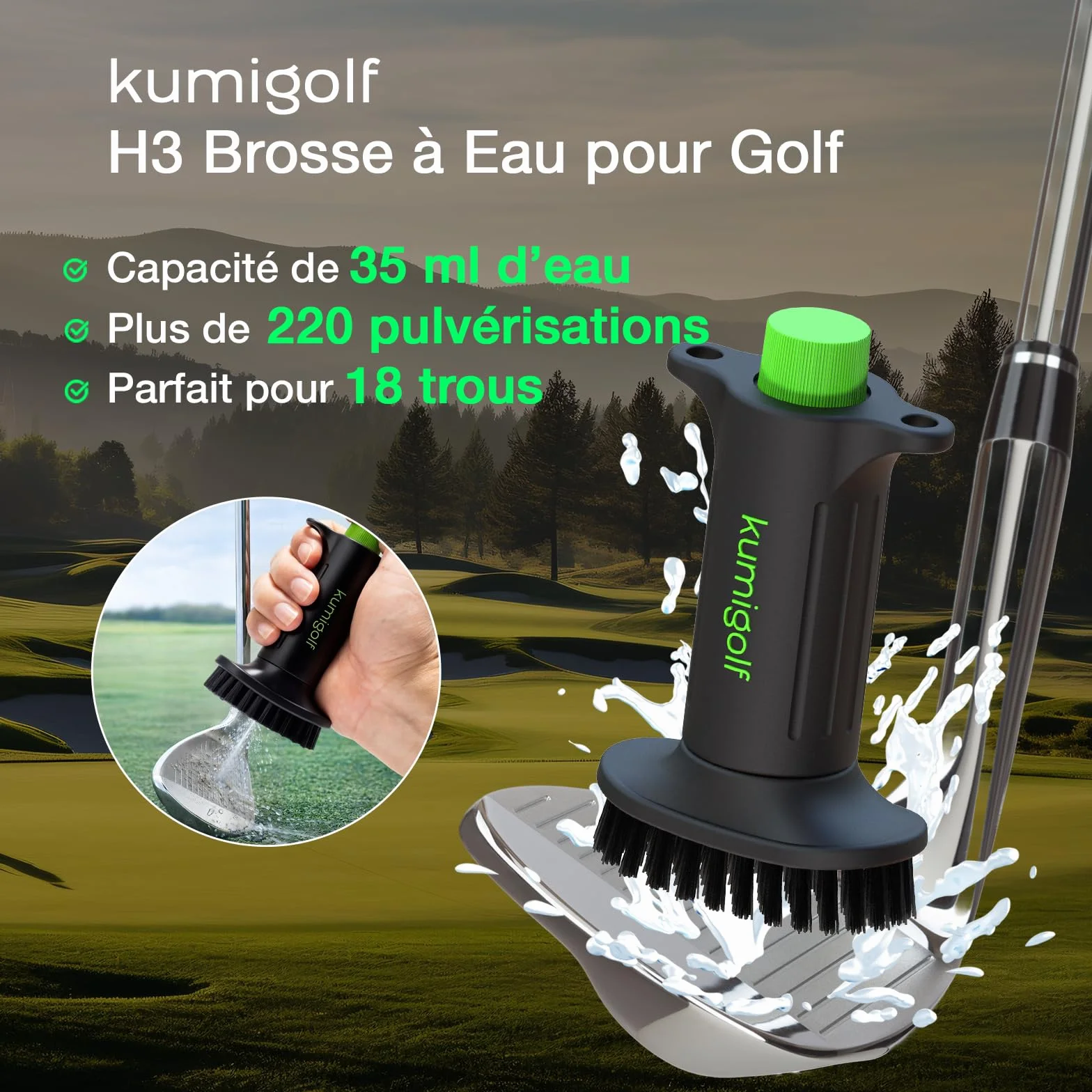 H3 Brosse à eau de golf, fonction de pulvérisation et clips magnétiques, brosse de club de golf et nettoyant de club de golf, poils en nylon de qualité supérieure et solides pour surfaces de