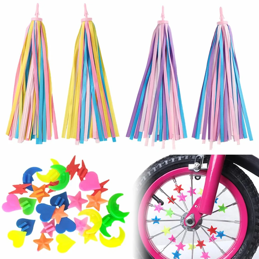 Accessoires de Vélo pour Filles: 2 Paires de Tassels et 36 Perles de Rayons, Rubans à Pompons Colorés Banderoles de Guidon