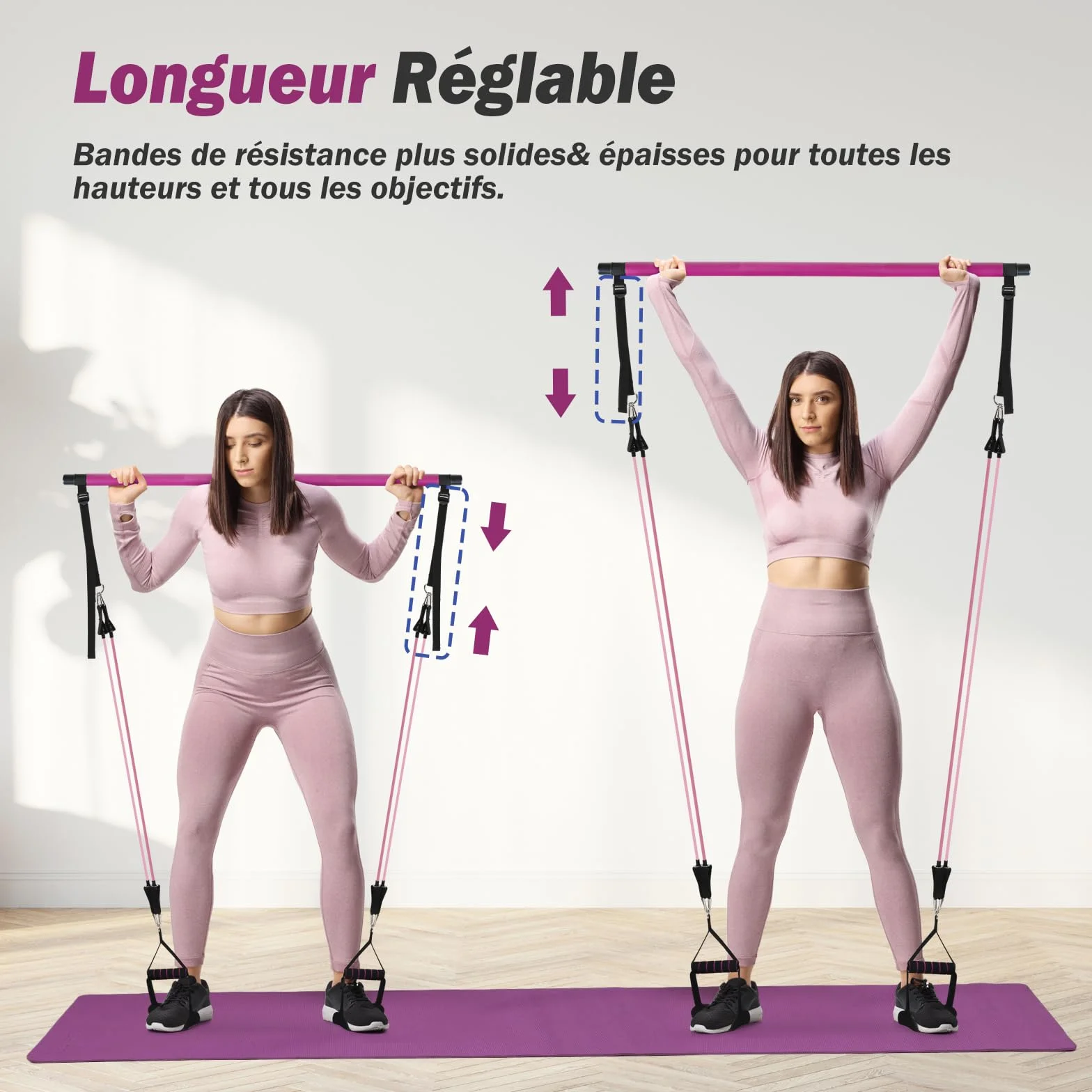 ALongSong Kit Barre de Pilates avec 4 Bandes de Résistance Élastique 20-140Lbs pour Homme Femme Musculation Yoga