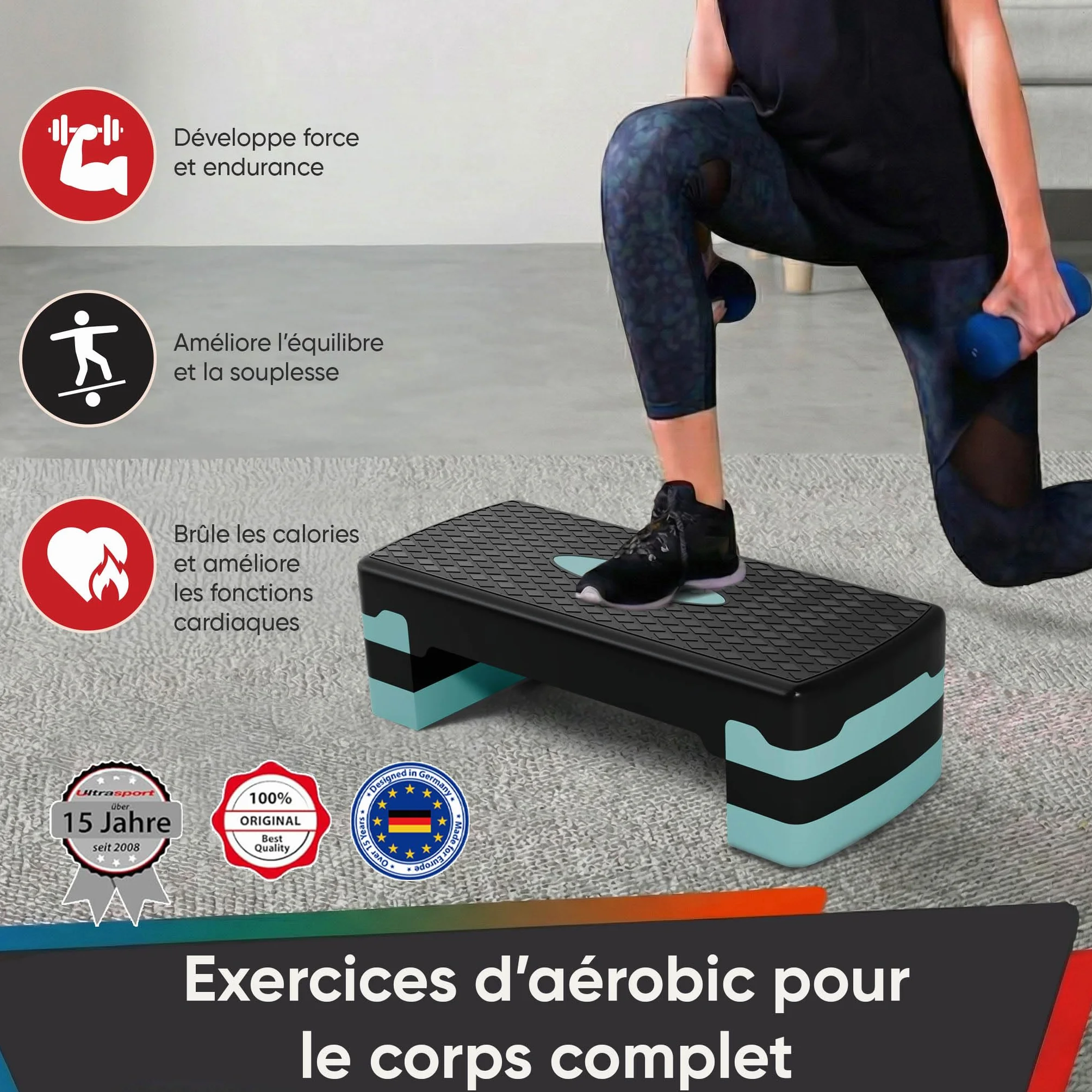 Ultrasport Step Aérobic Antidérapant Réglable 3 Niveaux Stepper Fitness 68 x 28 cm Bleu